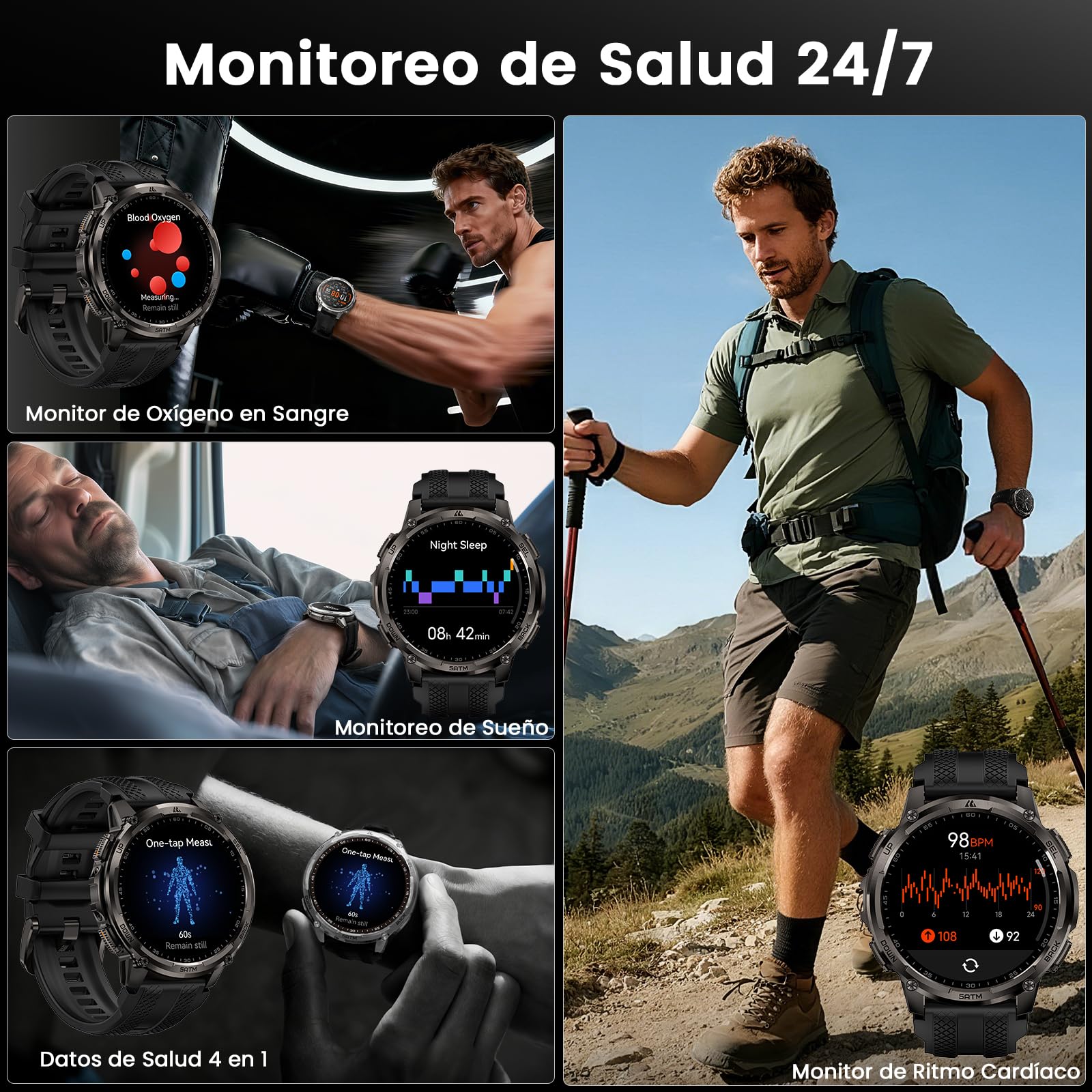 KOSPET Tank T4C Reloj Inteligente Hombre con LED, Pantalla AMOLED 1,5”, GPS Doble Banda y Brújula, Batería 50 Días, Frecuencia Cardíaca y Sueño 24/7, Resistente 50 m, Llamadas