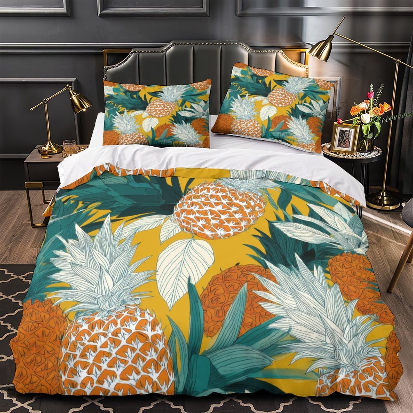 Housse de couette ananas 3D 260x220 cm avec 2 taies en microfibre
