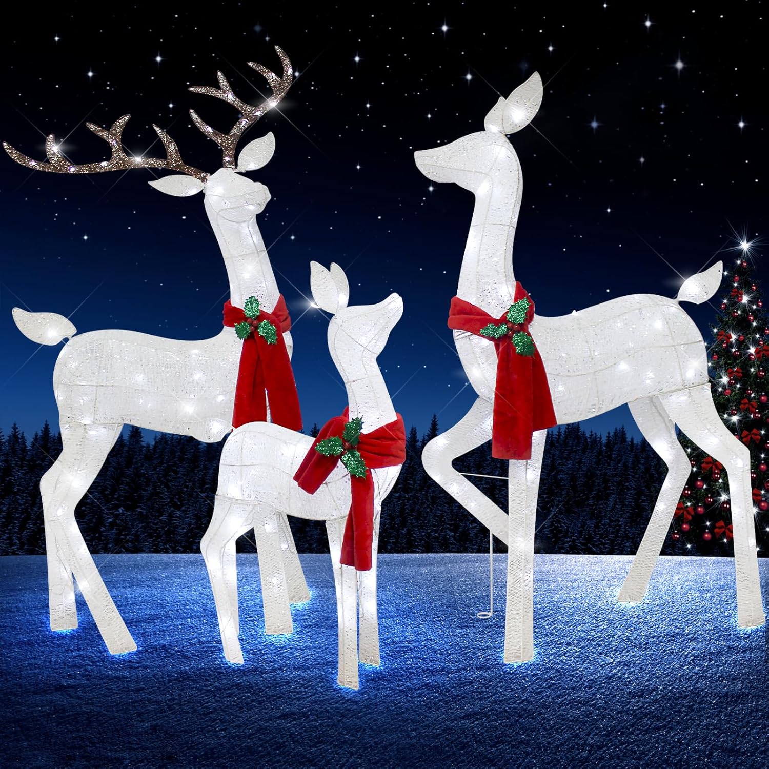 61" Christmas Deer Decoration for Outdoor, Christmas Deer Decoration with White Lights, Light up 3D Christmas Reindeer Family Set Decorations for Holiday Addition Yard Lawn Display