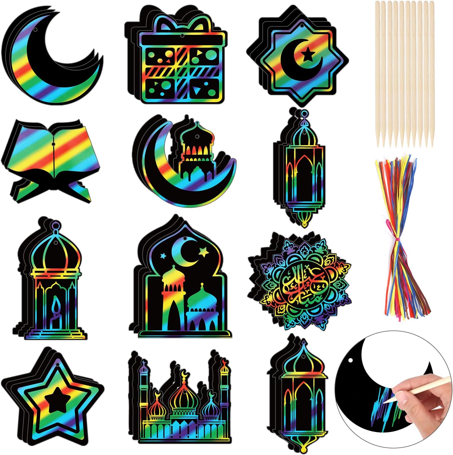 36pcs Ramadan Eid Scratch Art for Kids, Star Moon Lantern Mosque Shaped Rainbow Paper Decorations Ornaments Crafts Kids Islamic Gifts Black