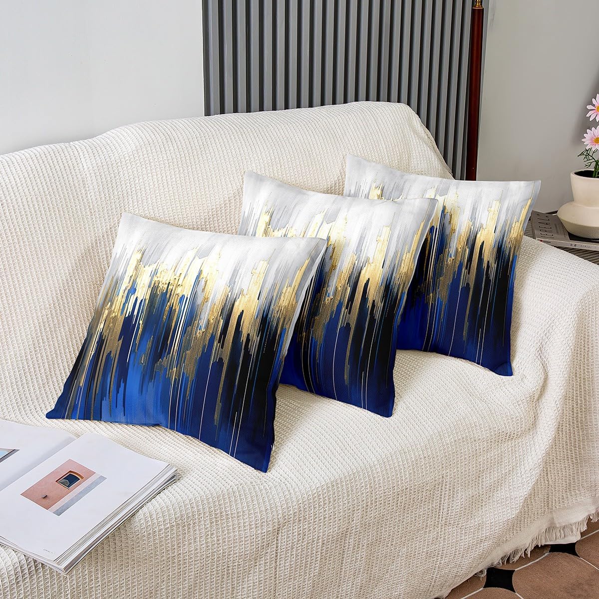 Erosebridal Set of 2 Abstract Art Cushion Cases Navy Gold Grey Pillow Covers, Stripe Throw Pillow Covers 24x24 Inch Golden Metallic Sequins Dark Blue Tie Dye Modern Cushion Cases