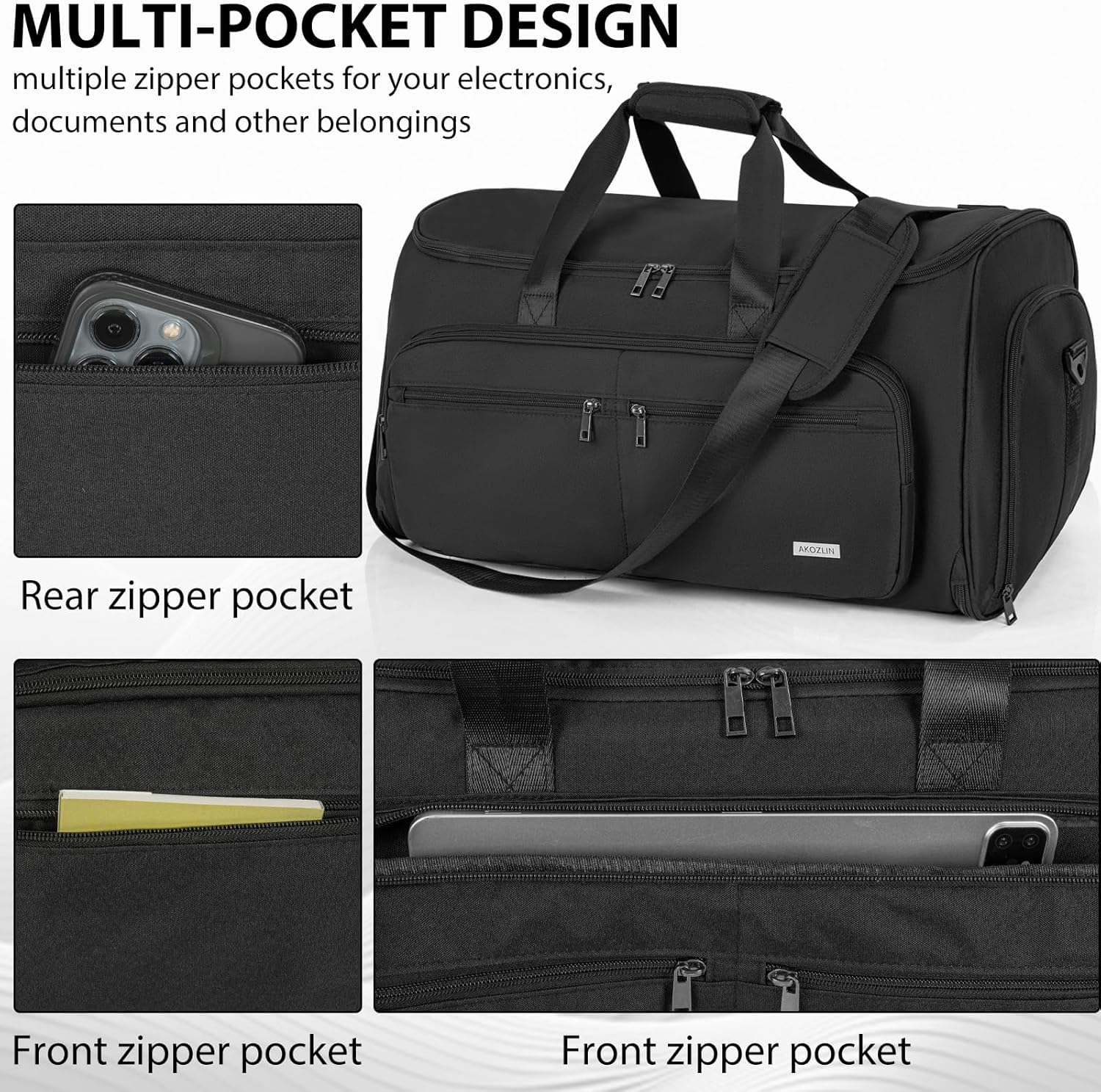 Borsa da viaggio pieghevole da appendere per viaggi d'affari, valigetta da ufficio con tracolla per uomo, nero, Nero , With Inner Pockets