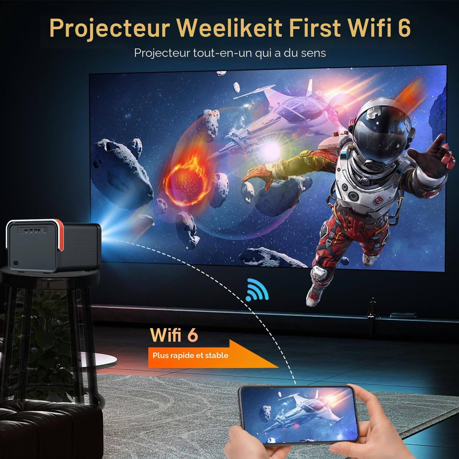 Weelikeit Projecteur, Mini projecteur Portable 1080P HD 4K, projecteur Home cinéma avec 5G WiFi 6 et Bluetooth, projecteur vidéo extérieur pour Phone/Android/TV Stick/HDMI/USB/Ordinateur Portable/PS5