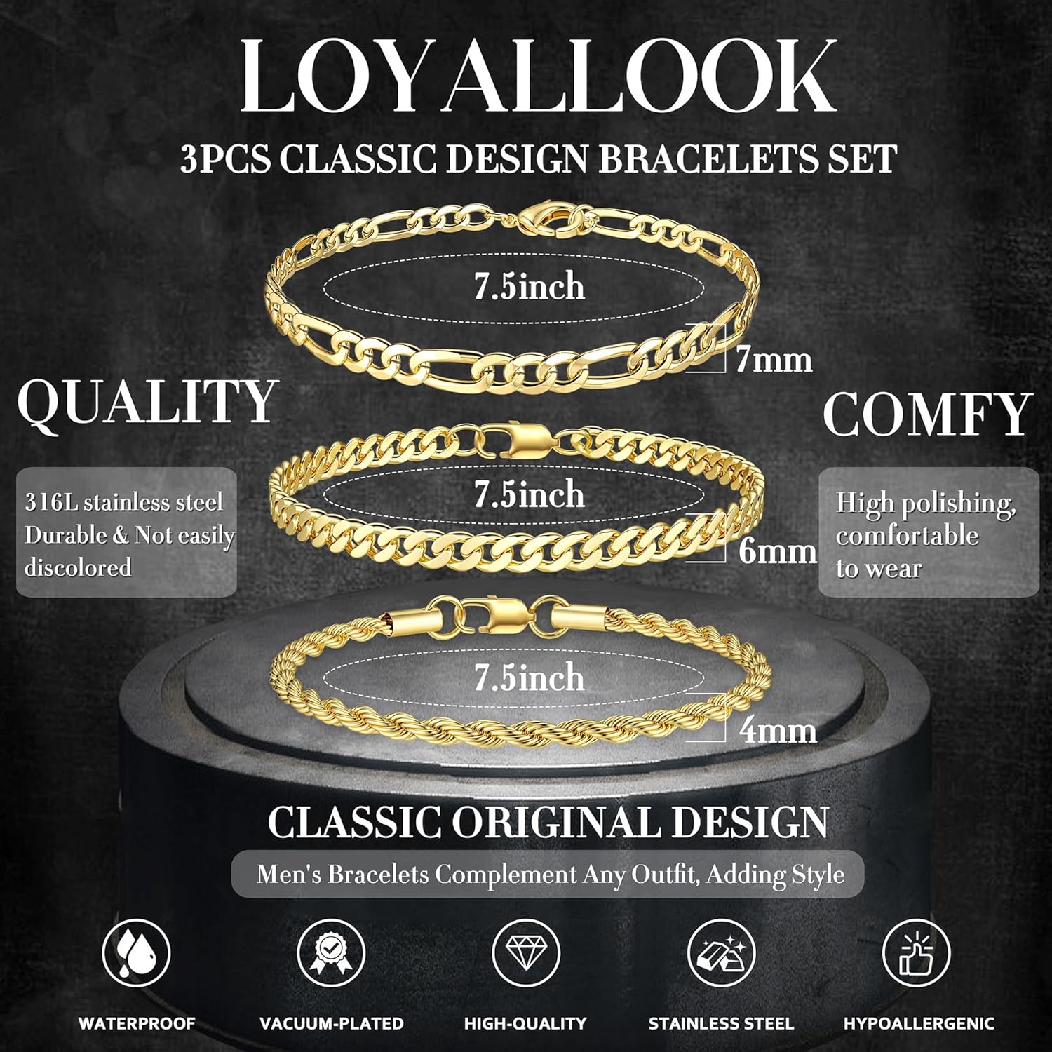 LOYALLOOK 3Pcs Chain Bracelets for Men, 316L Stainless Steel Figaro Rope Cuban Link Bracelet for Men Women 14K Gold Plated/Silver Plated, Gifts for Dad Husband 6.5/7/7.5/8.3/9 Inches - Image 2