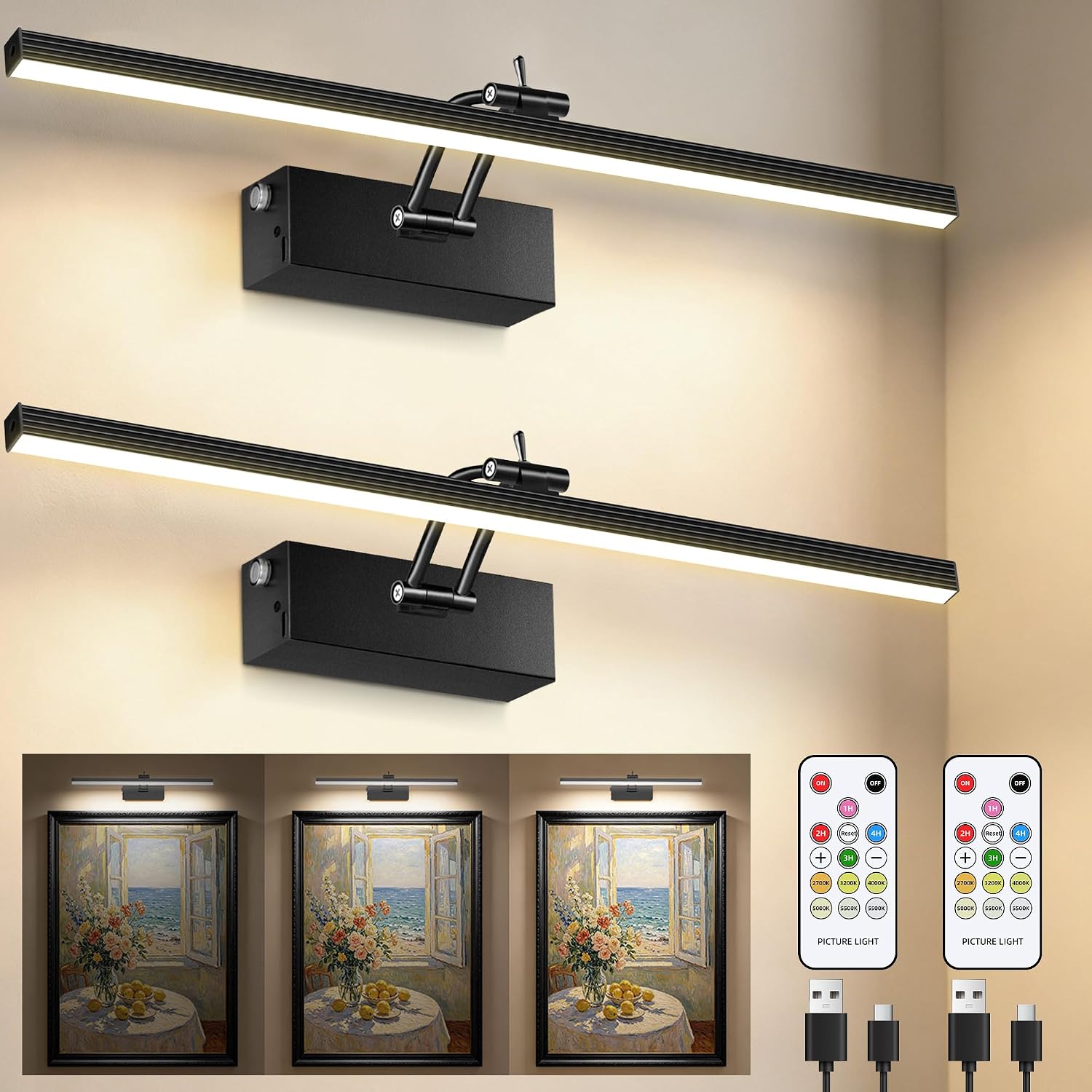 2 Pack Rechargeable Picture Light, 5200mAh Black Battery Operated Picture Lights for Wall with Remote Control, 300LM 3000K Warm White Light 16" Metal Dimmable Picture Light for Painting & Artwork