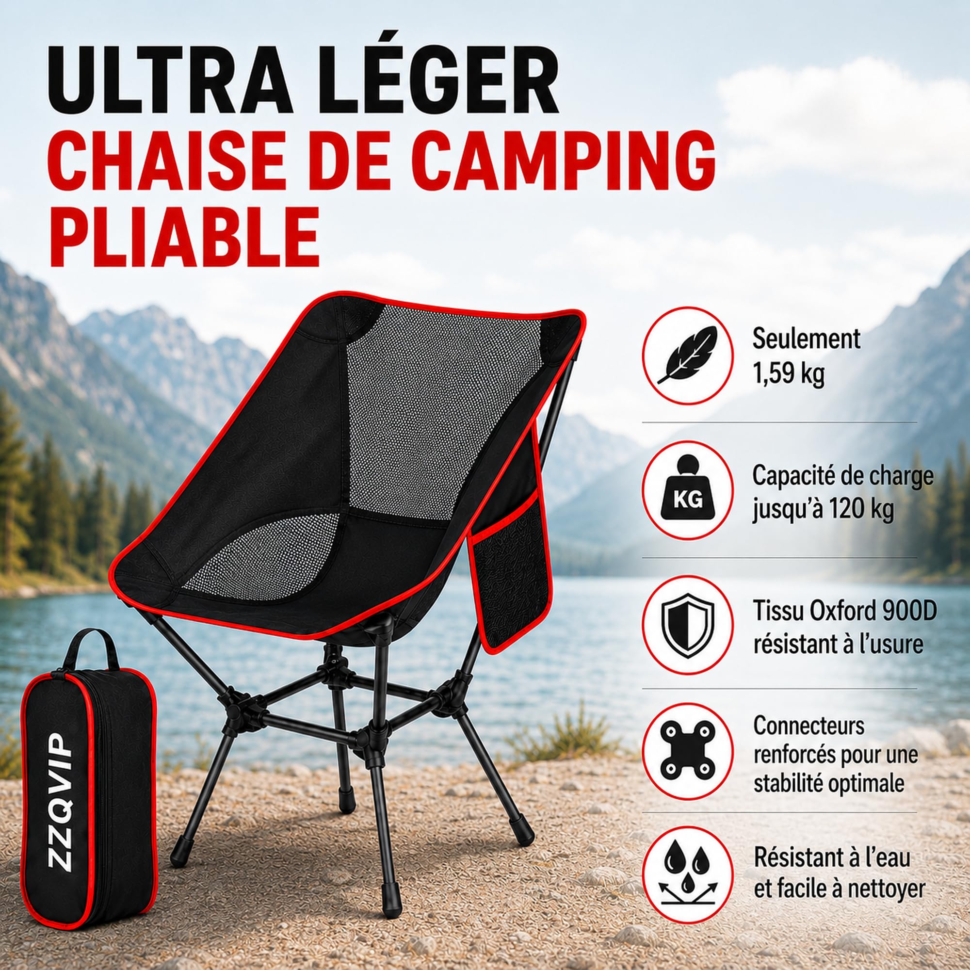 Fauteuil de Camping Léger et Pliable avec Poche Latérale et Sac de Transport – Chaise Pliante Extérieure Confortable en Tissu Oxford, Jusqu’à 120 kg, pour Randonnée, Pêche, Plage, Festival