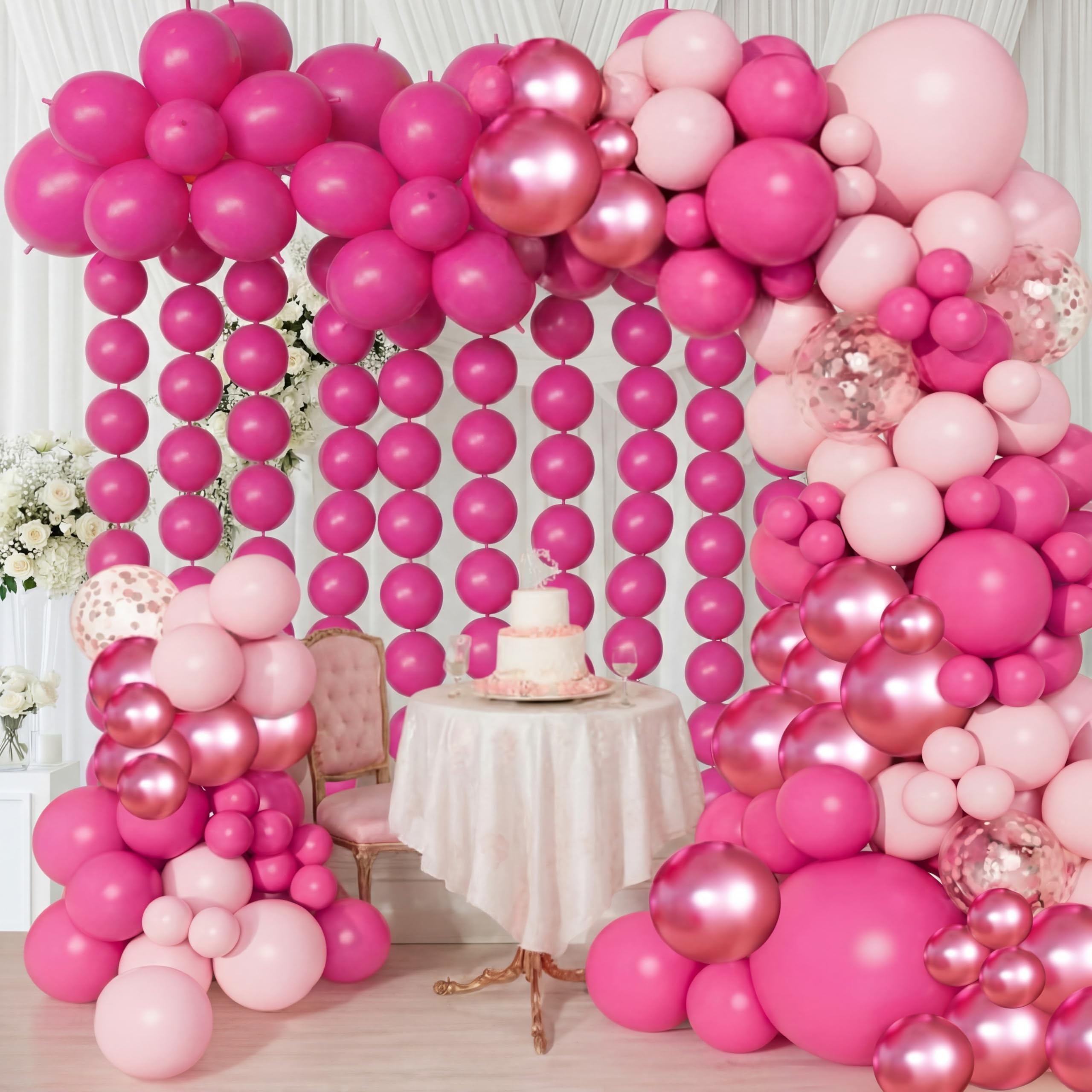 Meanplan 100 Pcs Link Balloon Quick Linking Latex Connected Balloons Linkable for Easter Wedding Independence Day Birthday Party Decoration(10 Inch,Hot Pink)