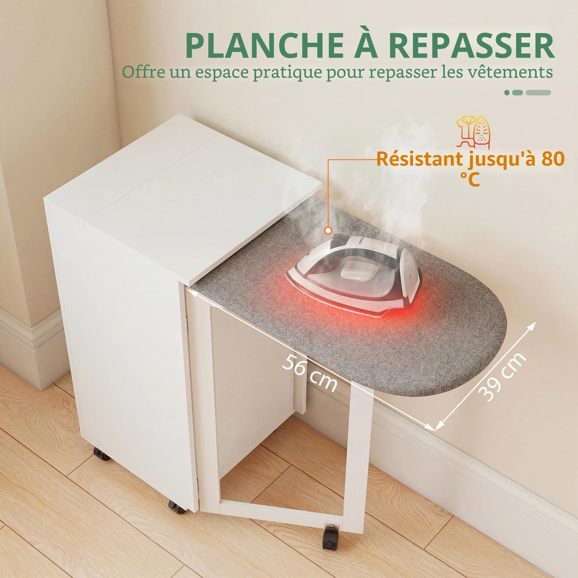 HOMCOM Armoire de table à repasser pliable avec 2 portes 99,5 x 43 x 83 cm Blanc | Étagères réglables, table à repasser pliante, roulettes, rangement, charnières à fermeture douce, pour buanderie