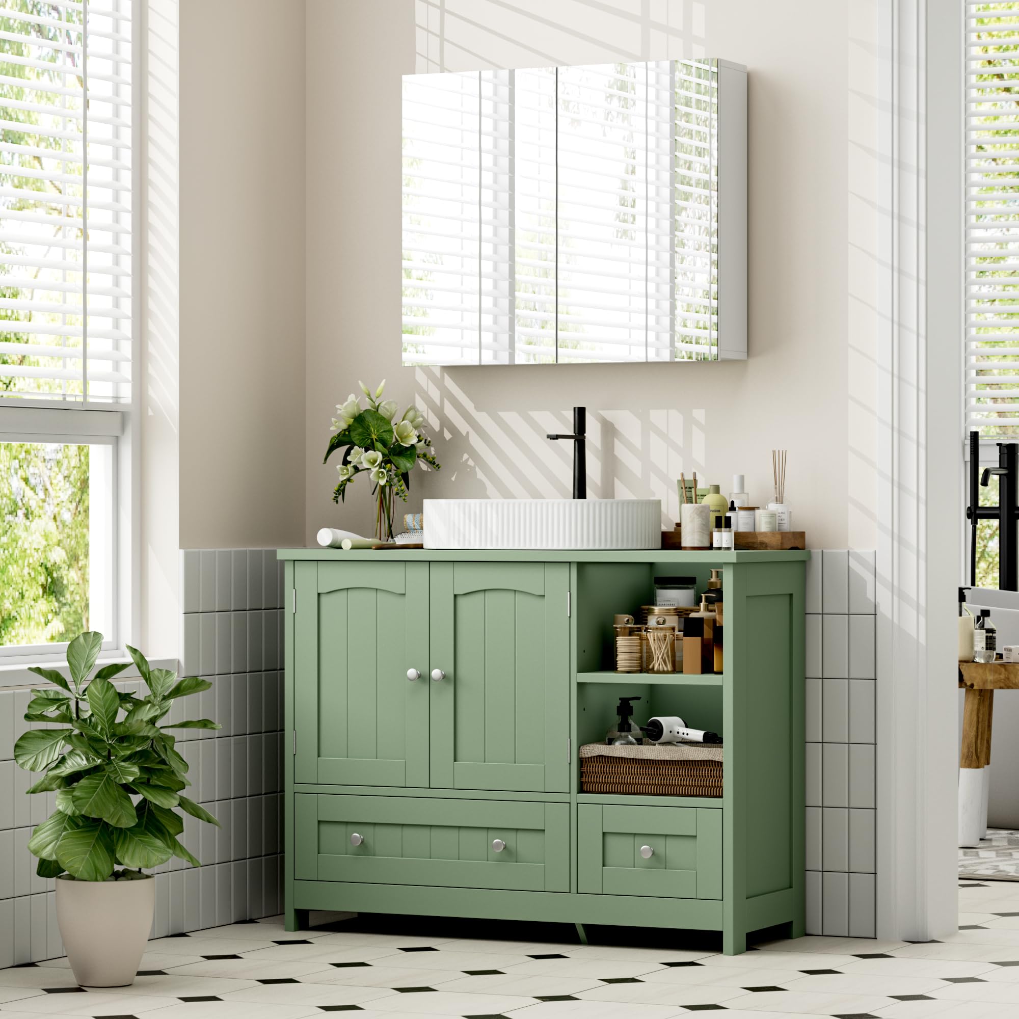FOREHILL 80cm Mueble Bajo Lavabo, Mueble Baño, Mueble Lavabo con Pie | con 2 Puertas, 2 Cajones, Verde, 80x30x65cm