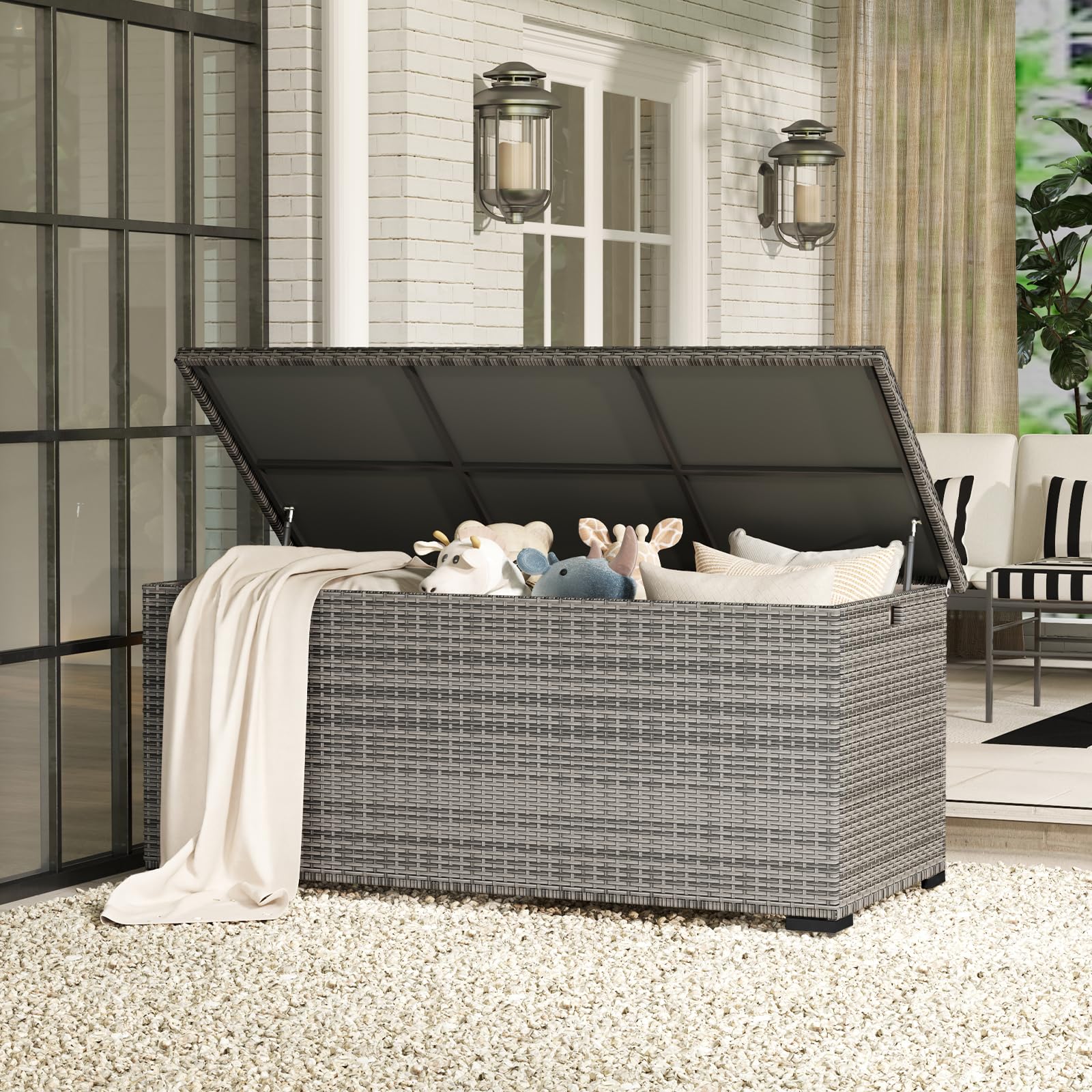 Amopatio Gartenbox Auflagenbox wasserdicht 650 Liter, Kissenbox outdoor aus Polyrattan, Aufbewahrungsbox Metall mit Gasdruckfedern, Gartenkiste wetterfest für Garten, Balkon, (Grau)