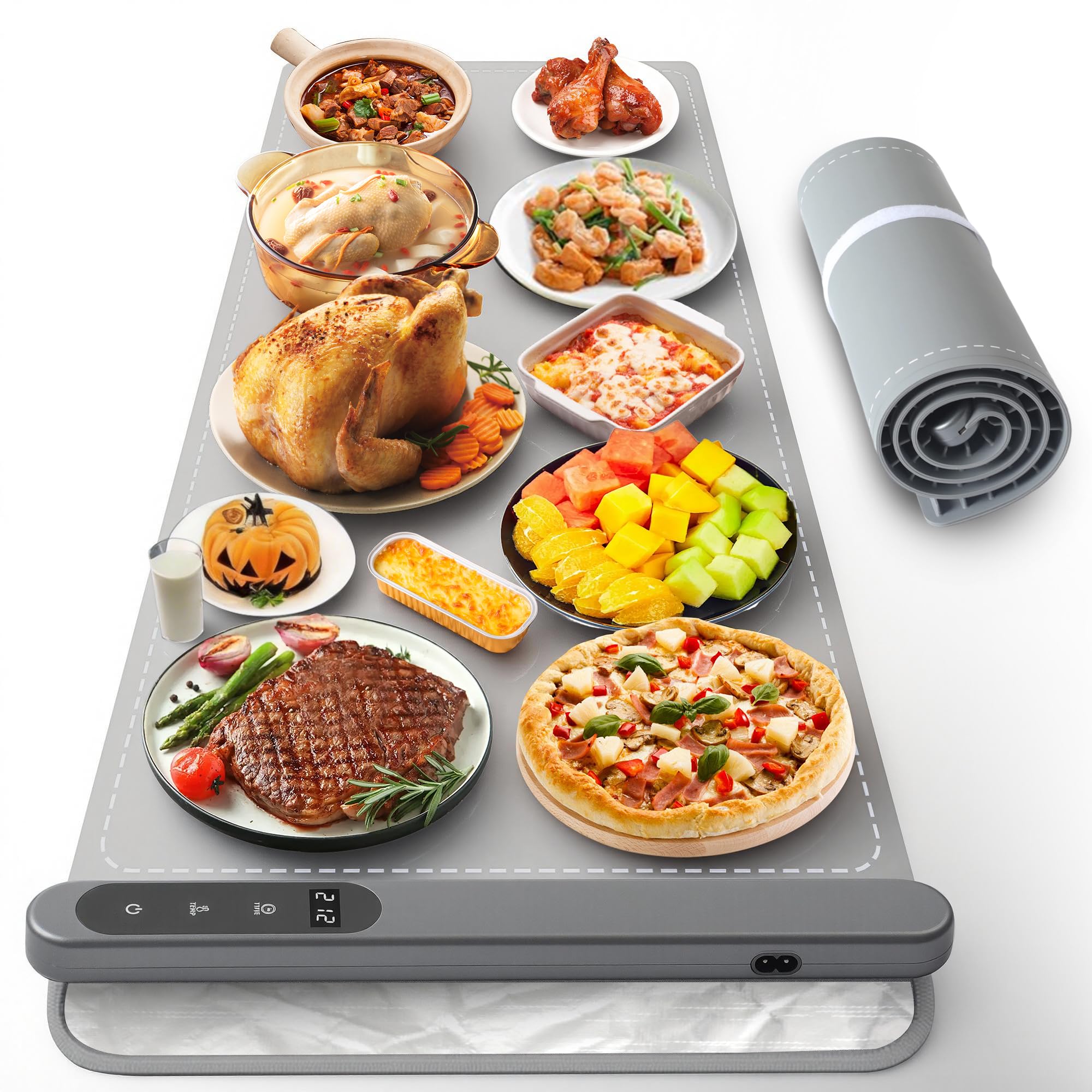 eTRY Silicone Food Warming Mat - 42 x 15 Inch Extra Large with Heat-Resistant Mat, 500W Graphene, 6 Temp & 6H Timer, Rollable Electric Heating Mat