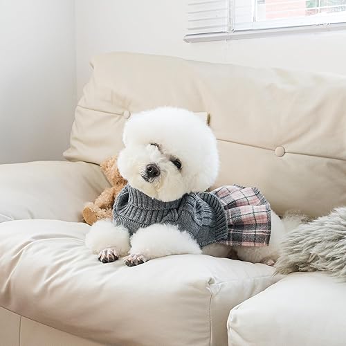 WOYYHO Girl Dog Sweater Dress with Bowtie Turtleneck Small Dogs Sweater with Leash Hole, Knitted Small Dog Sweaters Dress Puppy Winter Clothes for Yorkies Chihuahua (Large, Pink)(Grey,Small (5-9lbs))