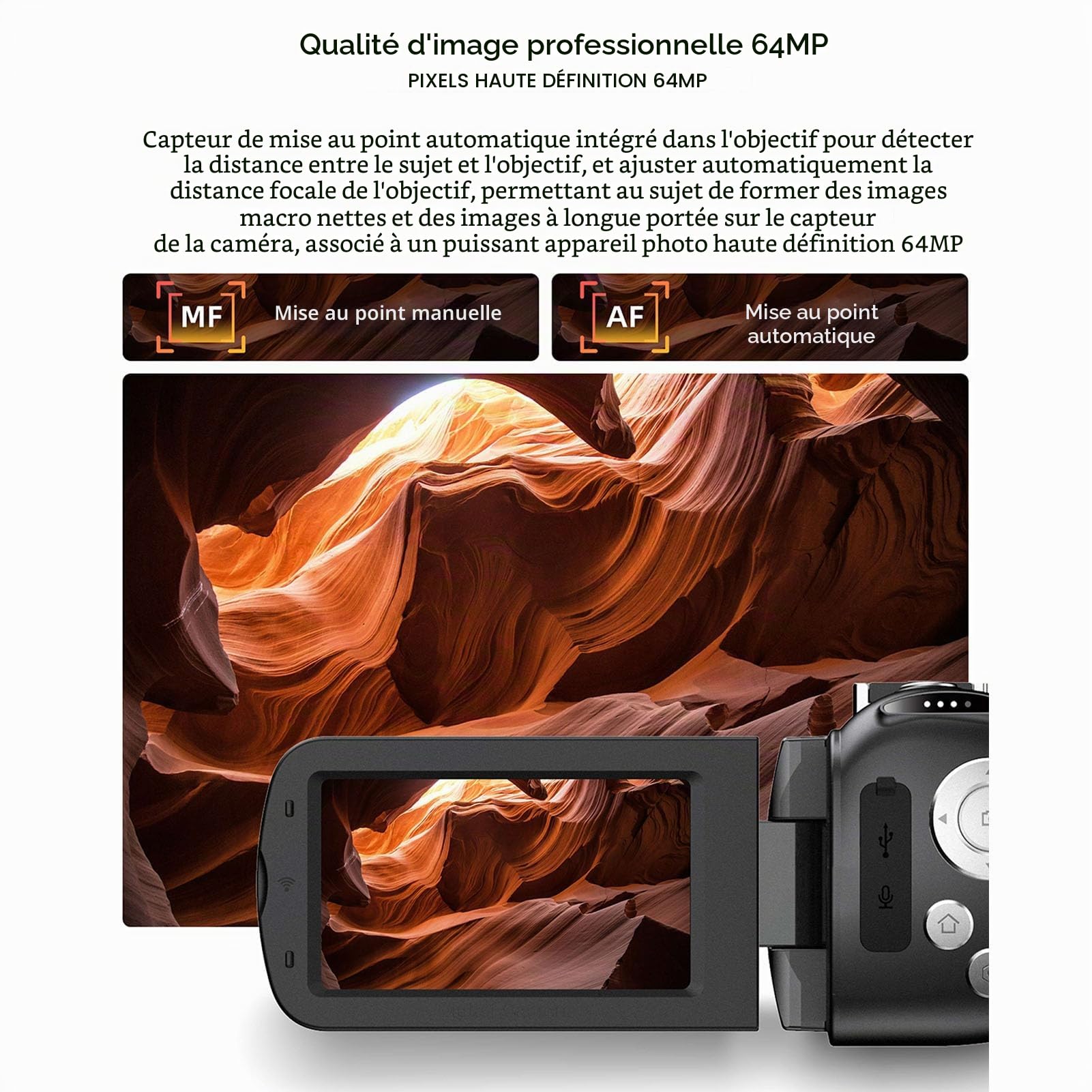 Fabater Caméra Vidéo, Caméscope Ultra HD 4K 64MP, Enregistreur de Caméra WiFi Vlogging 3 Pouces avec Zoom Numérique 28X, Vision Nocturne IR, Batterie de 4800mAh pour Youtube