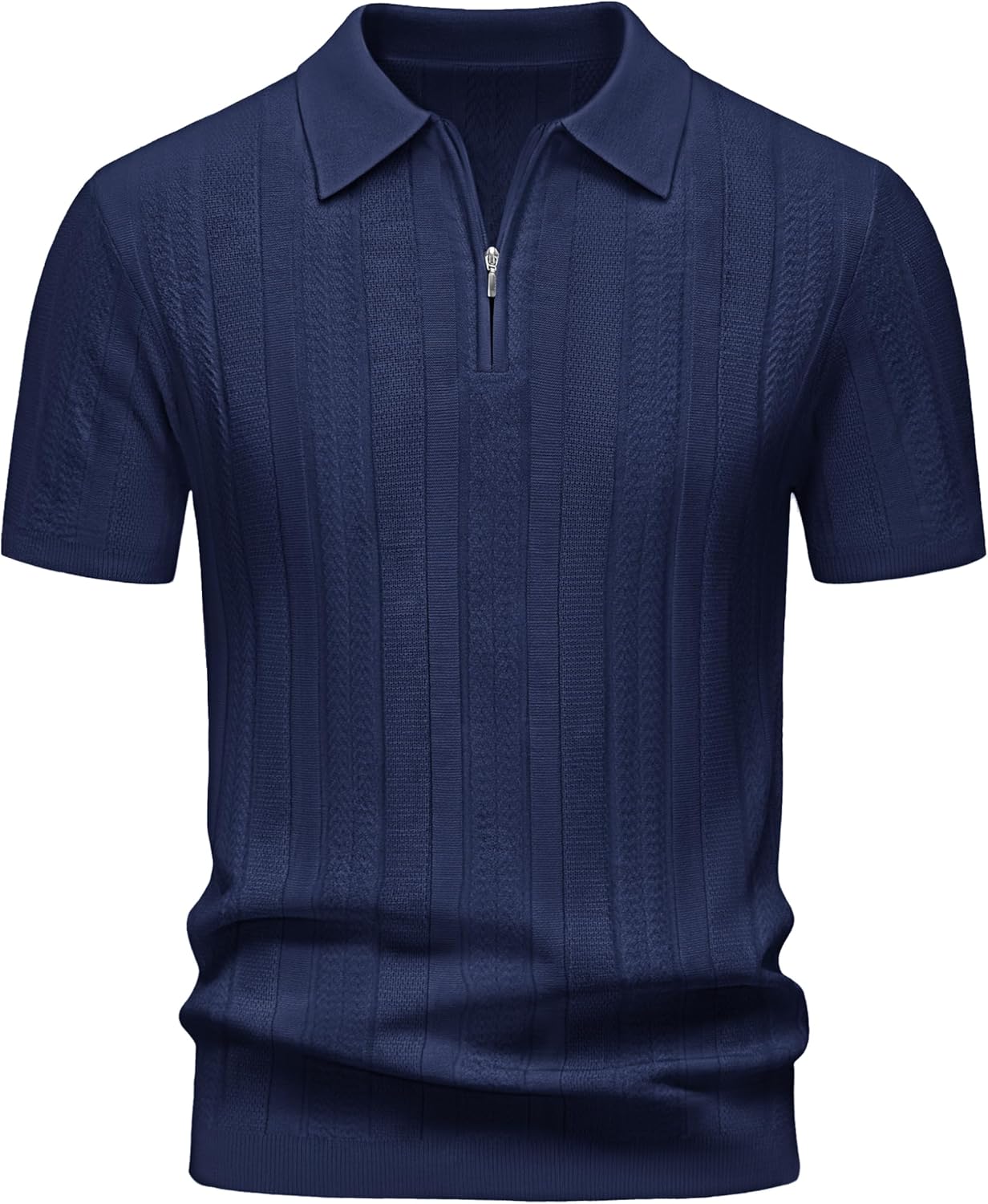 Cotrasen Mens Zipper Polo Shirts Short Sleeve Textured Knit Polo Shirts Regular Fit Casual Stretchy Golf Shirts