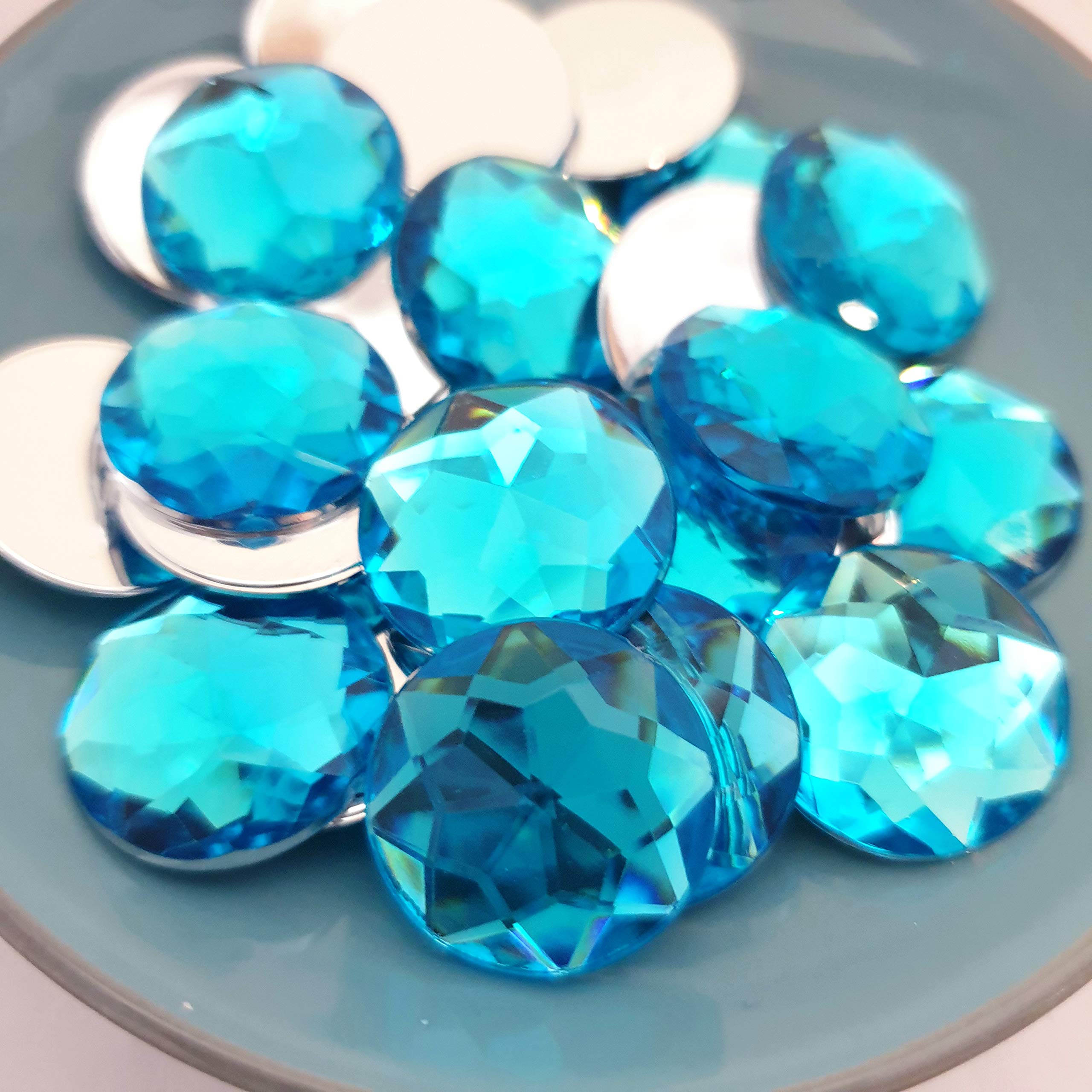 MajorCrafts® 48pcs 20mm Star Facets Large Flat Back Round Acrylic Rhinestones Craft Gems (Aquamarine Blue)