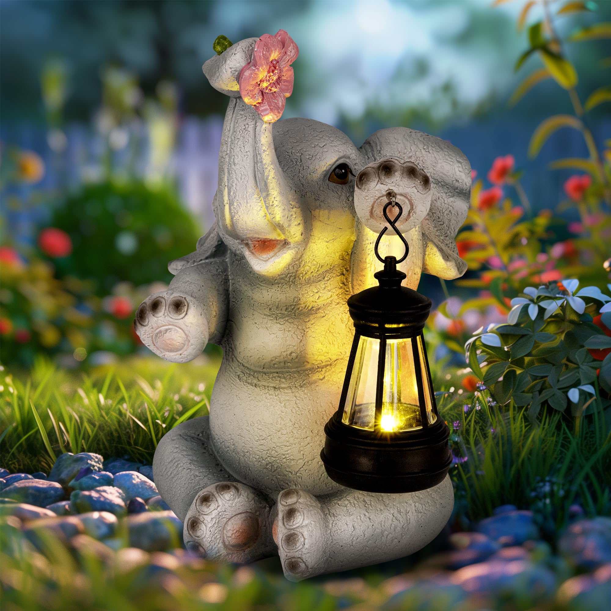 GIGALUMI Estatuas solares de jardín, color gris oscuro, figuras de elefante, luces para exteriores, patio, decoración de jardín, regalos únicos para mamá, para mujeres, decoración de elefante para