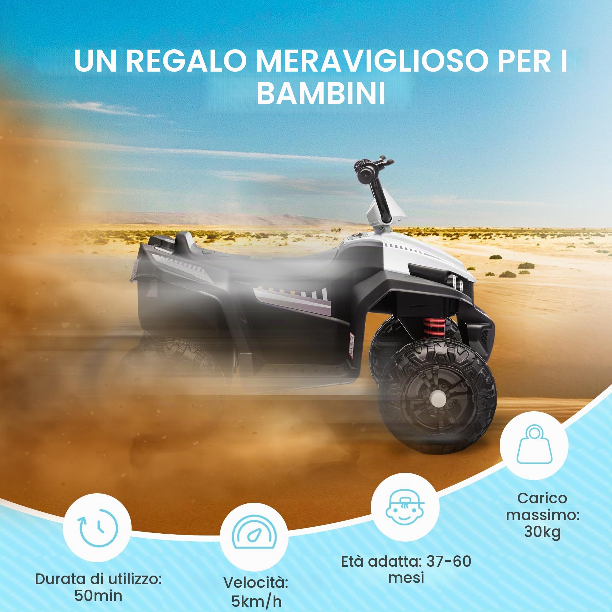 AIYAPLAY Quad elettrico per bambini, 12 V, con sospensioni a 4 ruote, lettore musicale MP3, veicolo per bambini con fari, marcia avanti e indietro, per bambini da 3 a 5 anni, 5 km/h, metallo, bianco