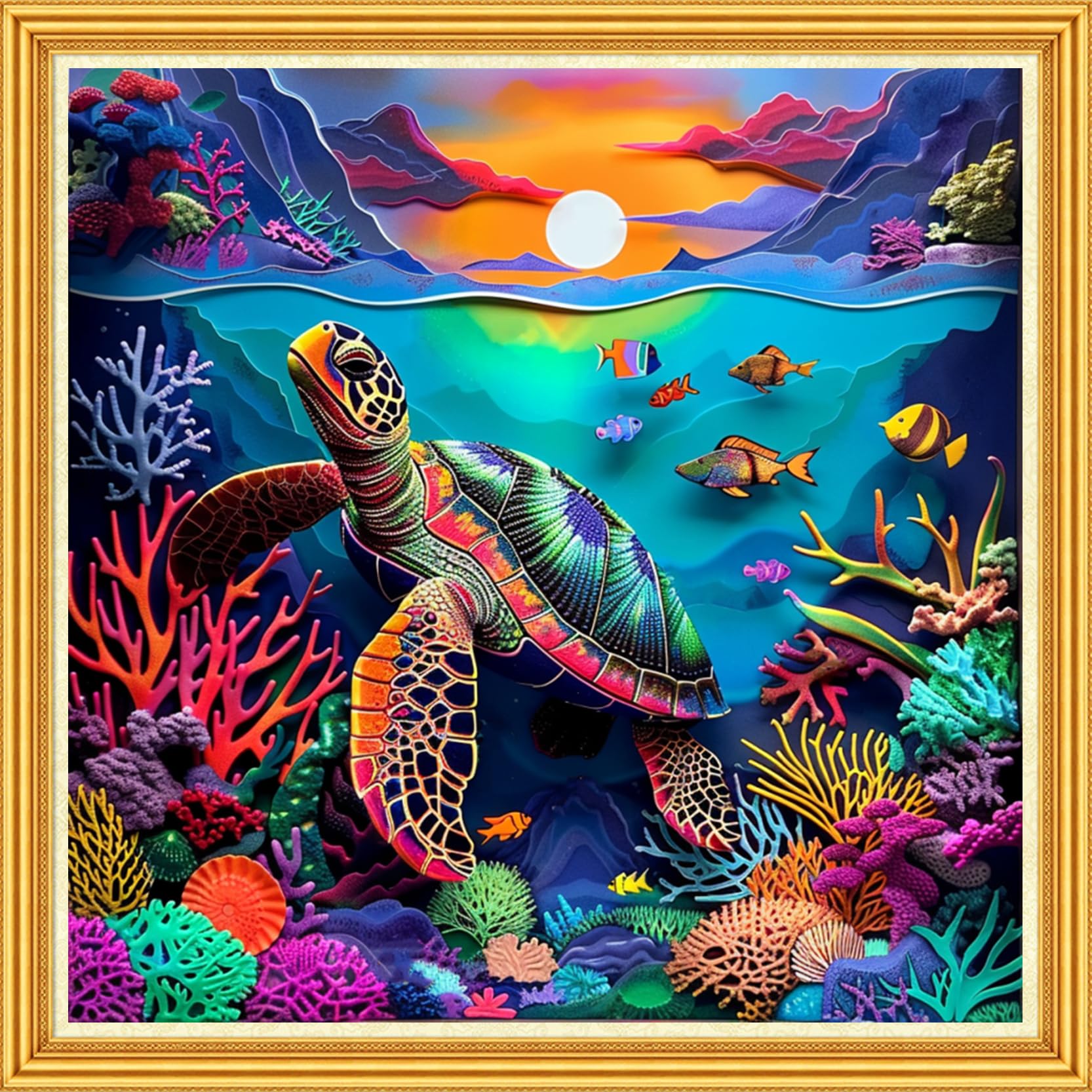Joyhoor Stamped Cross Stitch Kits for Beginners Needlepoint Kits for Adults Embroidery Kits 11CT Counted Cross Stitch Kits Printed Embroidery Pattern-Sunrise Colorful Sea Turtle 18x18 inch