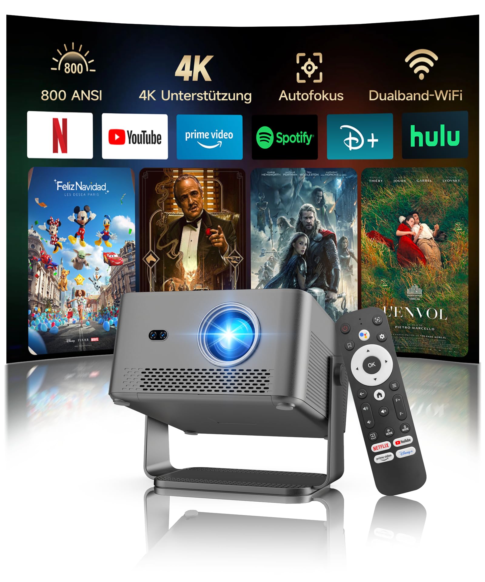 Magcubic Beamer 4K, 1080P Native 800ANSI Projektor mit WiFi, Bluetooth, Sprachsteuerung, Integrierter TV-Stick, Autofokus, Automatische Trapezkorrektur, 180° Drehbar 15W Lautsprecher Projector HY450GT
