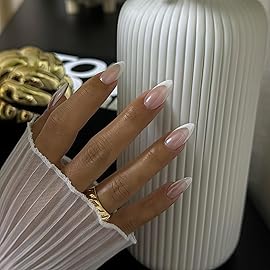 Chrome White French Tip Press on Nails Medium Almond Nails Press ons French Tip Glue on Nails for Women DIY Acrylic French Nails Medium Short Gel Nails, Natural Thick French Fake Nails 24Pcs