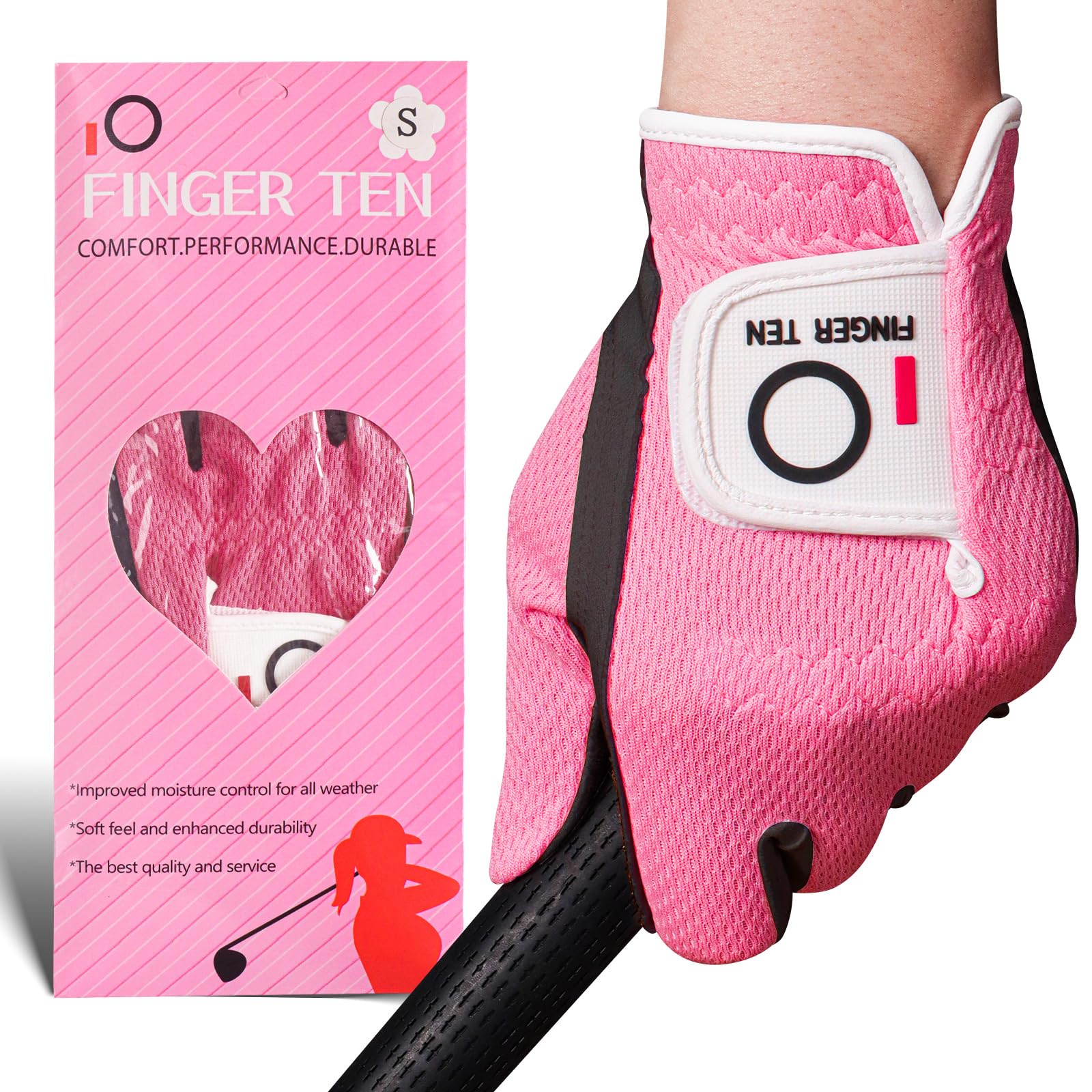 FINGER TEN Golf Gloves Women Left Hand Right Microfiber All Weather Grip Rain Hot Wet Value Pack, Ladies Golf Gloves Soft Flexible Durable Wear Resistance Good Grip (Carmine, M, Left)