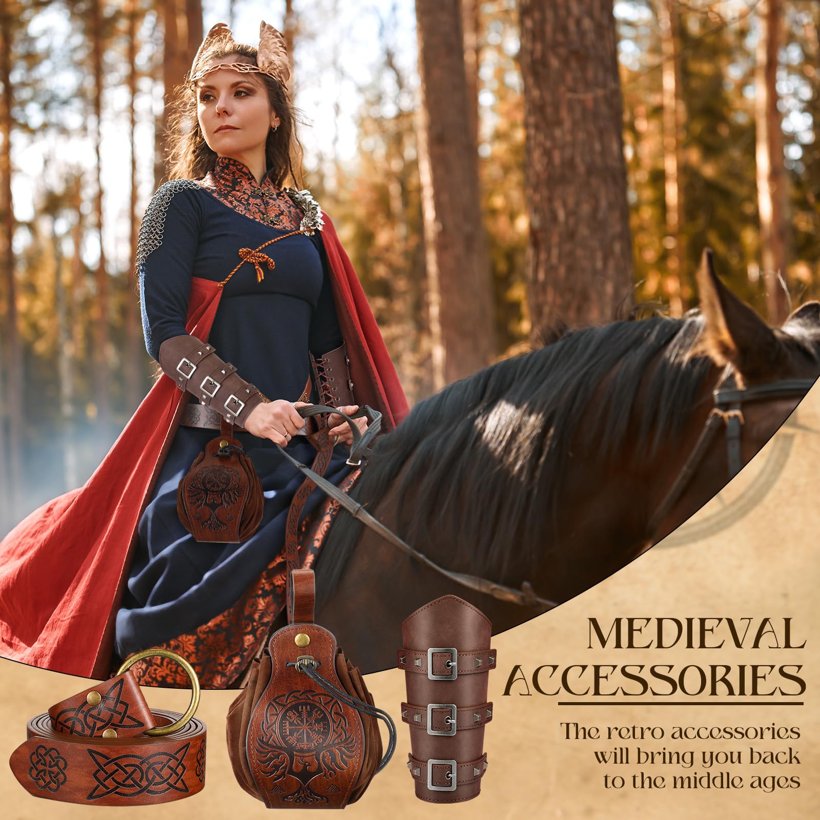 SATINIOR Set di Accessori per Costumi Medievali di Halloween Bracciali Medievali in Pelle Cintura Medievale in Rilievo Marsupio Rinascimentale Costume da Cavaliere (Motivo a bússola in rilievo)