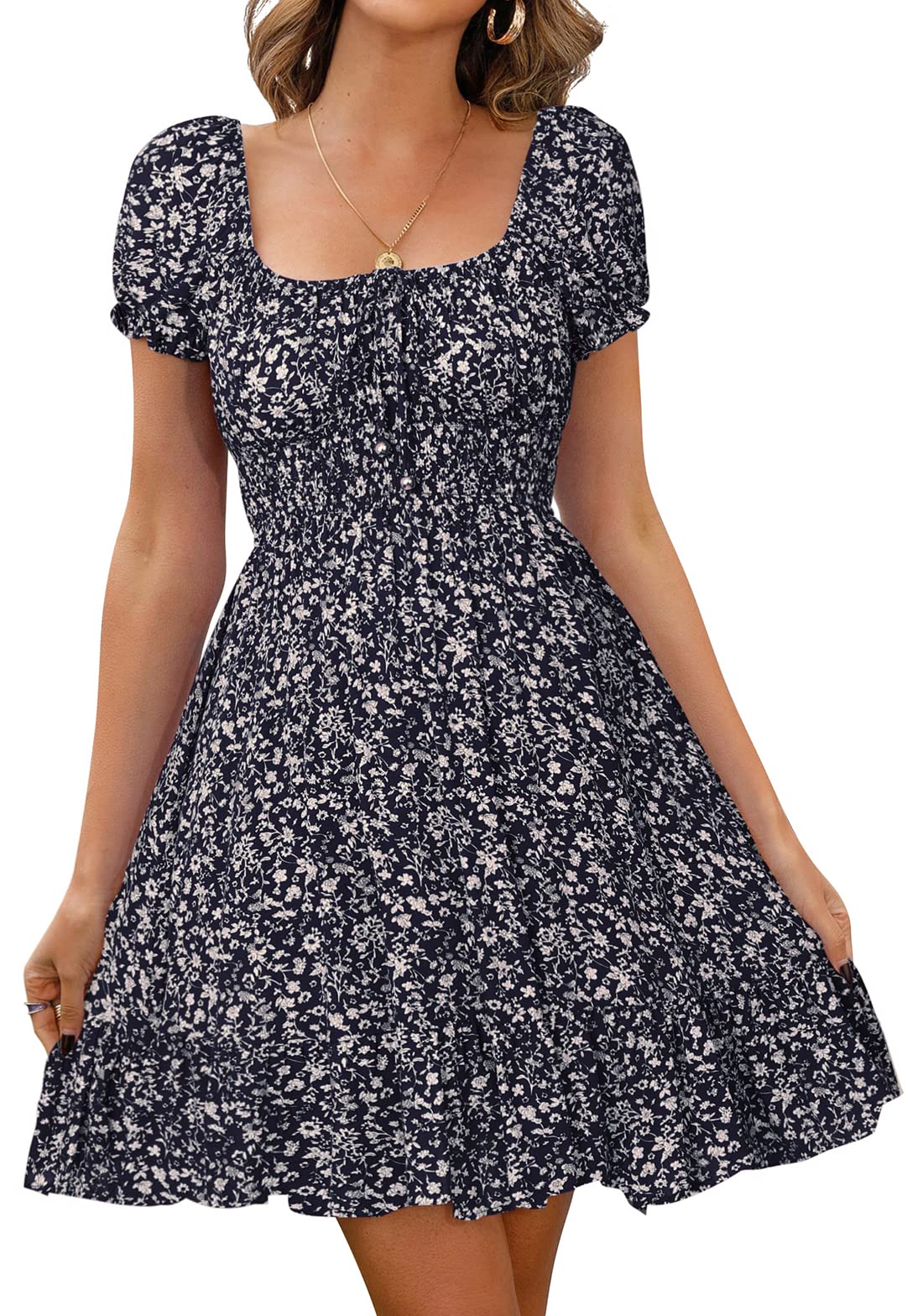 Livonmone Damen Kleid Lässig Sommerkleid Blumendruck Hohe Taille Kleider Puff Ärmel Retro Sexy Casual Tunika Beach Minikleid