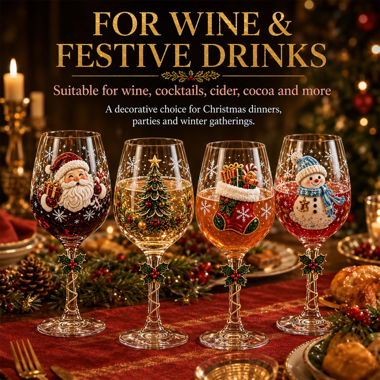 Lot de 6 verres à vin de Noël 3D, verres festifs avec motifs en relief