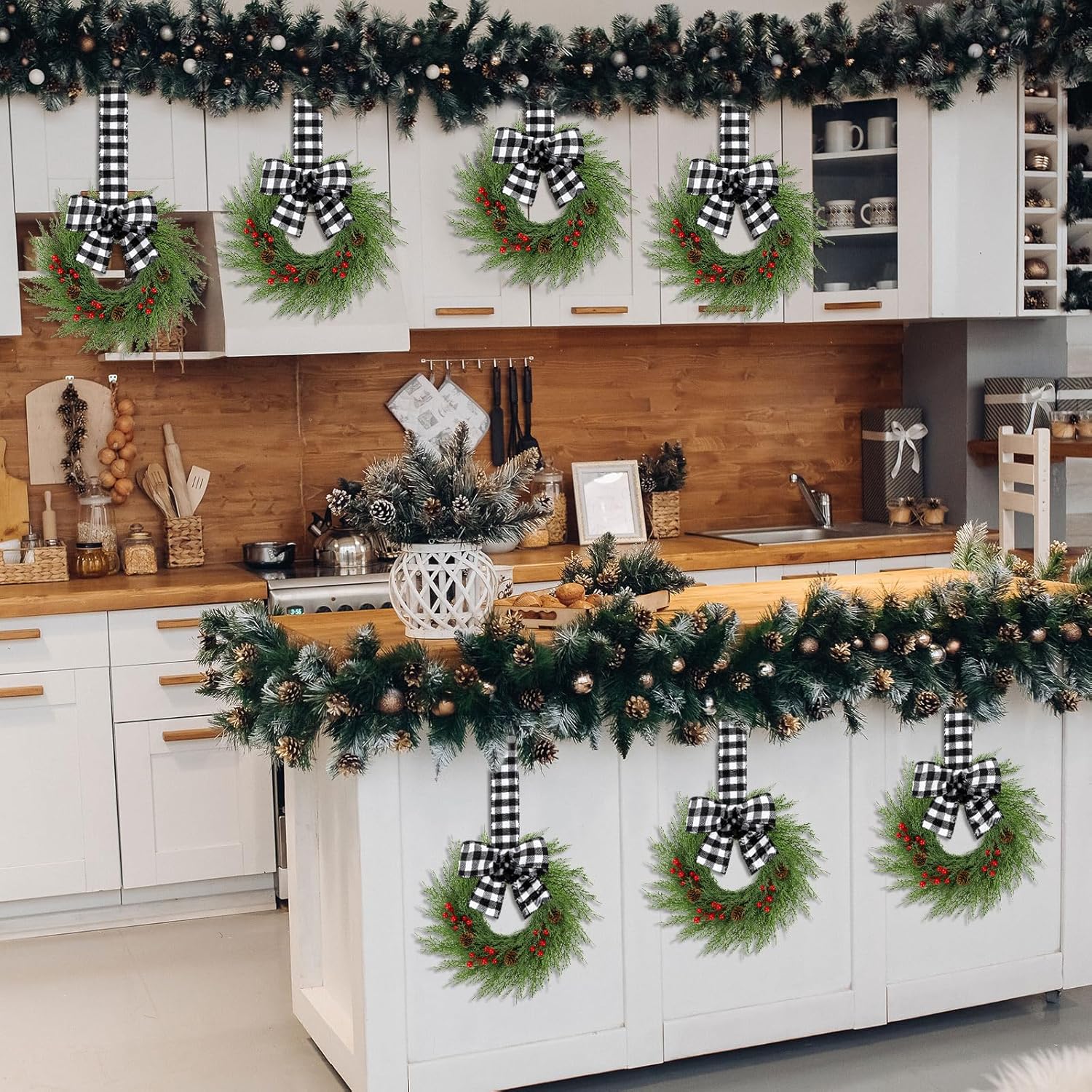 8 Pcs 9'' Small Christmas Kitchen Cabinet Wreaths with Plaid Bow Ribbon Mini Hanging Christmas Wreath Artificial Greenery Wreath for Cabinet Front Porch Wall (Black White Buffalo Plaid)