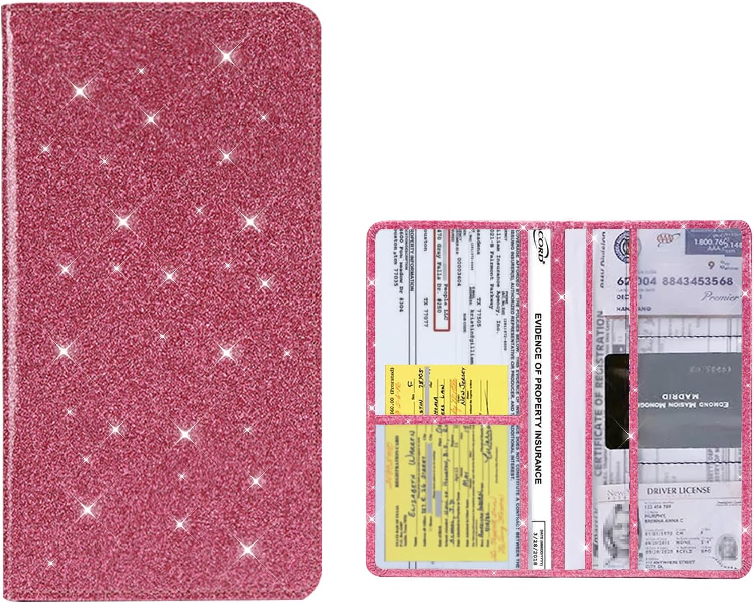 Premium Leather Car Registration and Insurance Card Holder with Magnetic Shut, Vehicle License Document Glove Box Compartment Organizer, Essentials Vehicle Wallet Case for Women Men (Red/Bling)