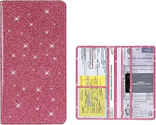 Premium Leather Car Registration and Insurance Card Holder with Magnetic Shut, Vehicle License Document Glove Box Compartment Organizer, Essentials Vehicle Wallet Case for Women Men (Red/Bling)