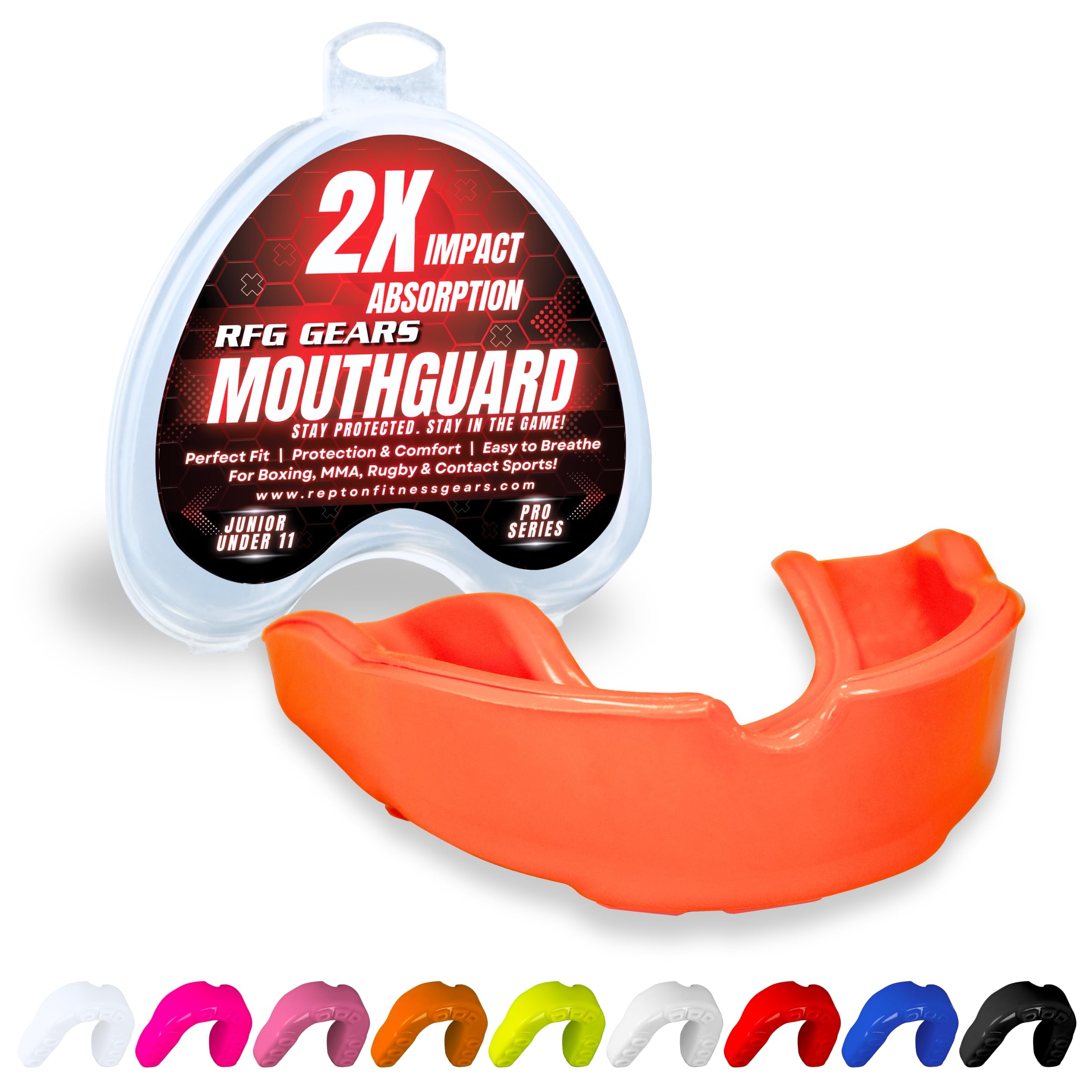 Mouthguard, Adult and Junior Gum Shield Slim Fit with Case for Boxing, Martial Arts, Judo, MMA, Rugby, Karate, Hockey and Other Contact Sports (Orange, Junior (Under 11))