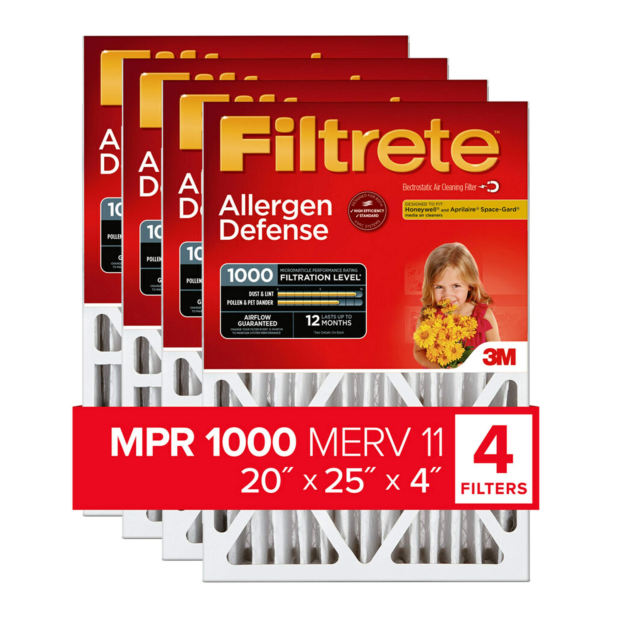 Filtrete 20x25x4, AC Furnace Air Filter, MPR 1000 DP, Micro Allergen Defense Deep Pleat, 4-Pack (actual dimensions 19.88 x 24.63 x 4.31)