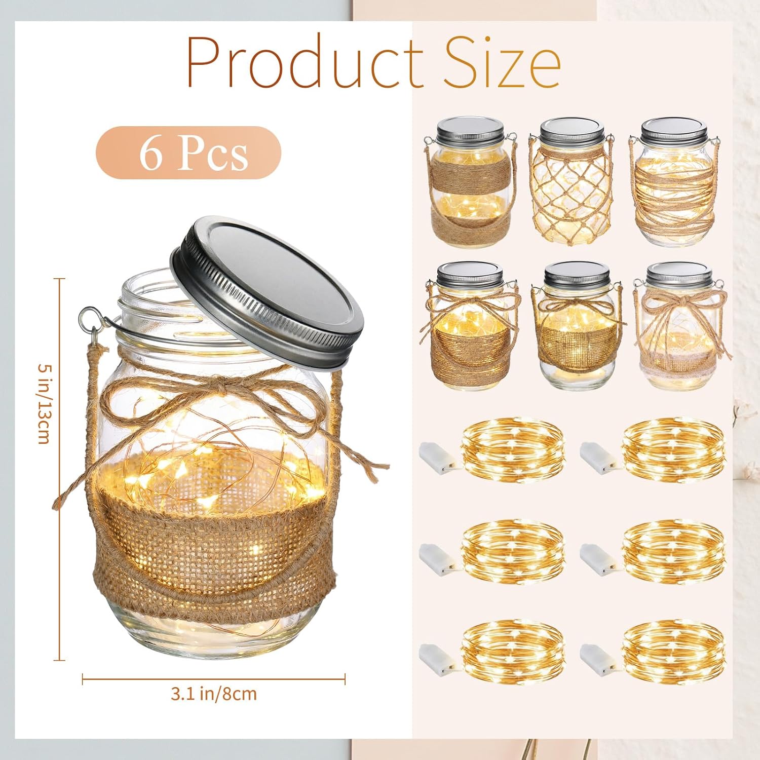 6 Pcs Hanging Mason Jar Lights with Rope Handle Coastal 5 Inch Small Nautical Jar 6 Pcs LED Fairy Lights and Lids Decorative Glass Bottles Rope for Christmas Home Garden Patio Yard Wedding