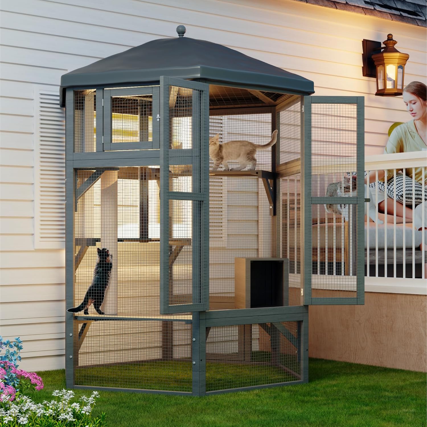 Catio Outdoor Cat Enclosure, Large Indoor Cat Catio for Multiple Cats with Window Access & Waterproof Roof, Includes Cats House, Multiple Platforms & Scratching Post, 65" Kitty Cage, Grey