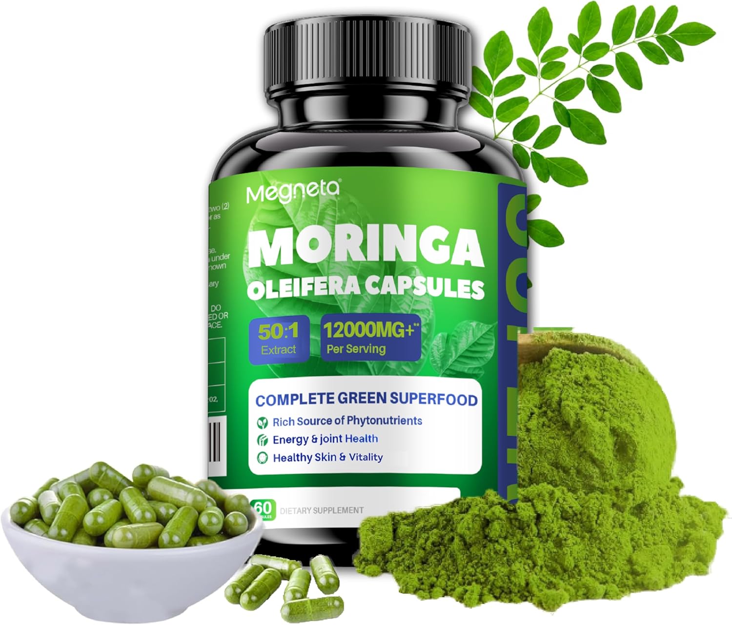 Moringa Capsules - 12000mg Moringa Powder, Rich in Antioxidant, Energy, Light Beige Health, Gut Health, Immune, 120 Capsules
