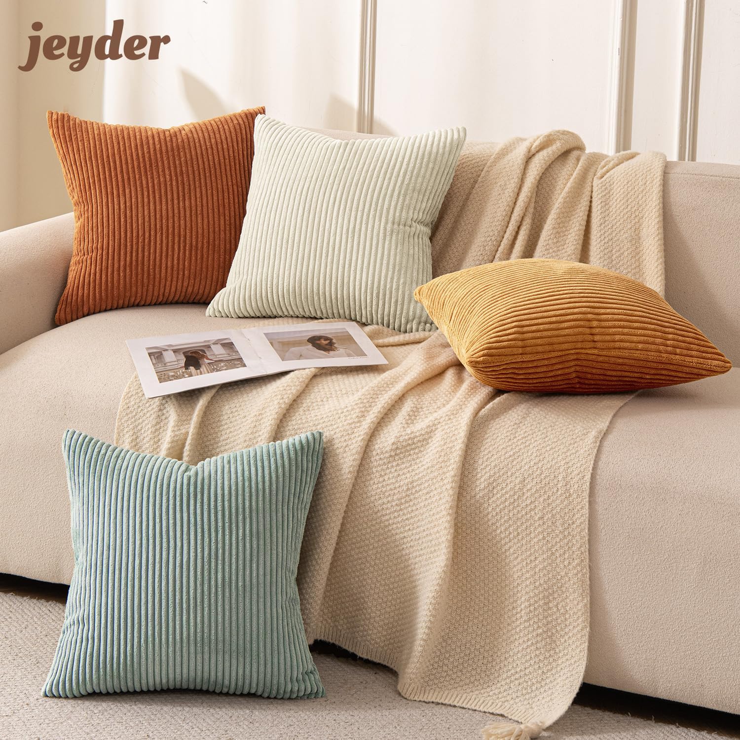 JEYDER Soft Corduroy Throw Pillow Covers 18x18 Fall Green Boho Accent Decor image 5