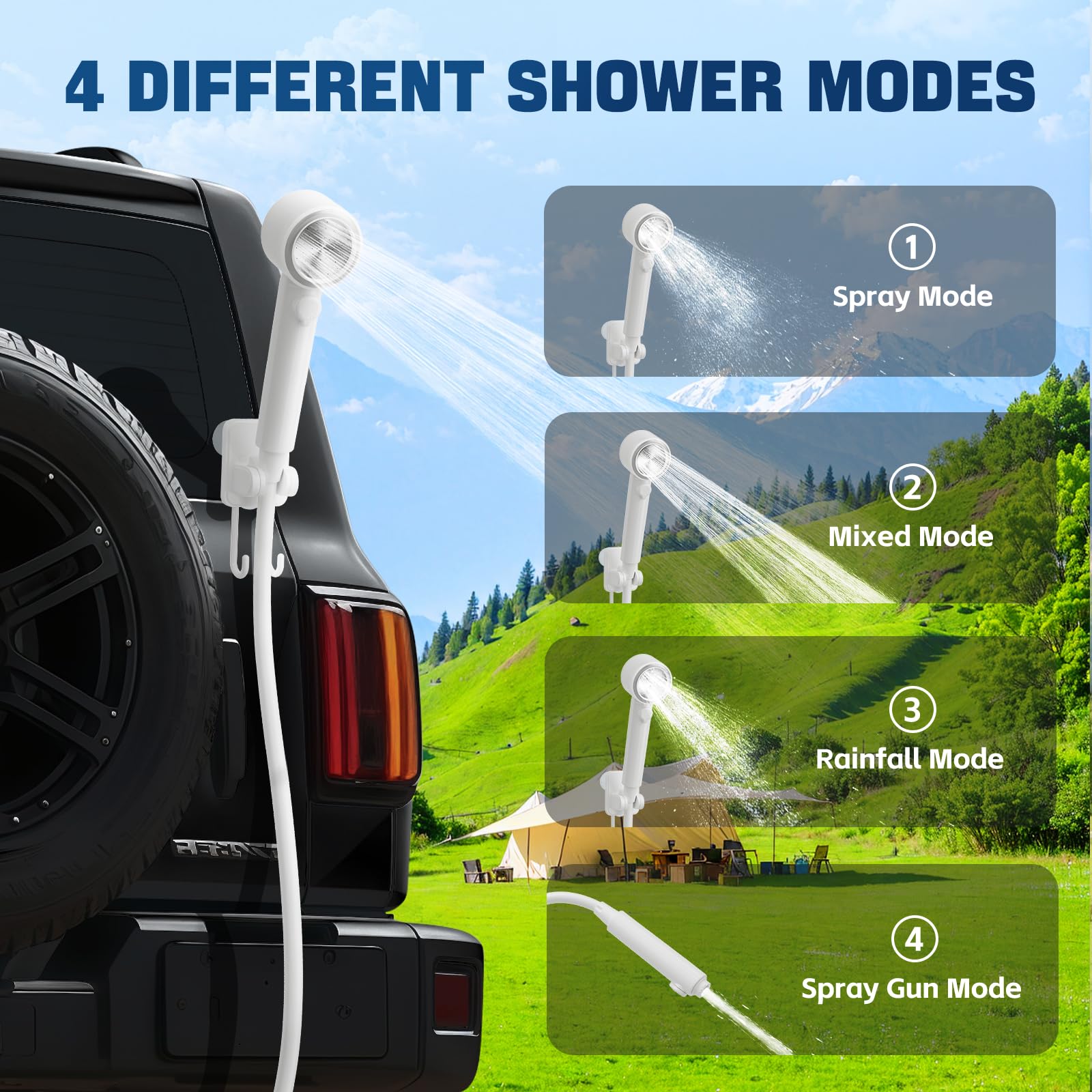 8000mAh Portable Camping Shower - Rechargeable Outdoor Shower With LED Display, 5 Speeds, 4 Spray Modes, IPX8 Waterproof