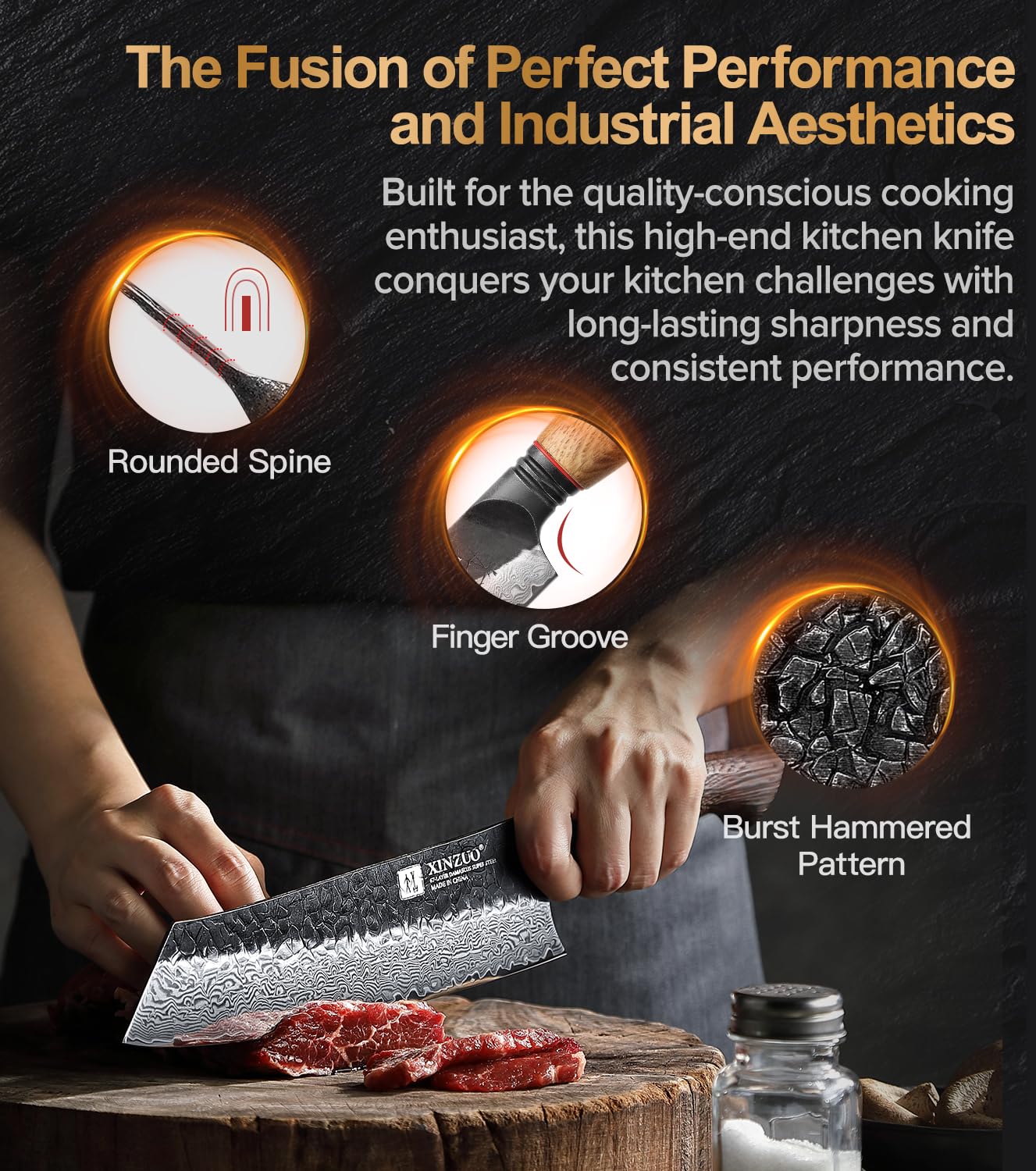 XINZUO 8.3 Inch Kiritsuke Chef Knife, Forged 67 Layers 10Cr15Comov High Carbon Damascus Steel Professional Kitchen Knife,Super Sharp，White Oak + Red G10 Gasket Handle — Amazon image 3