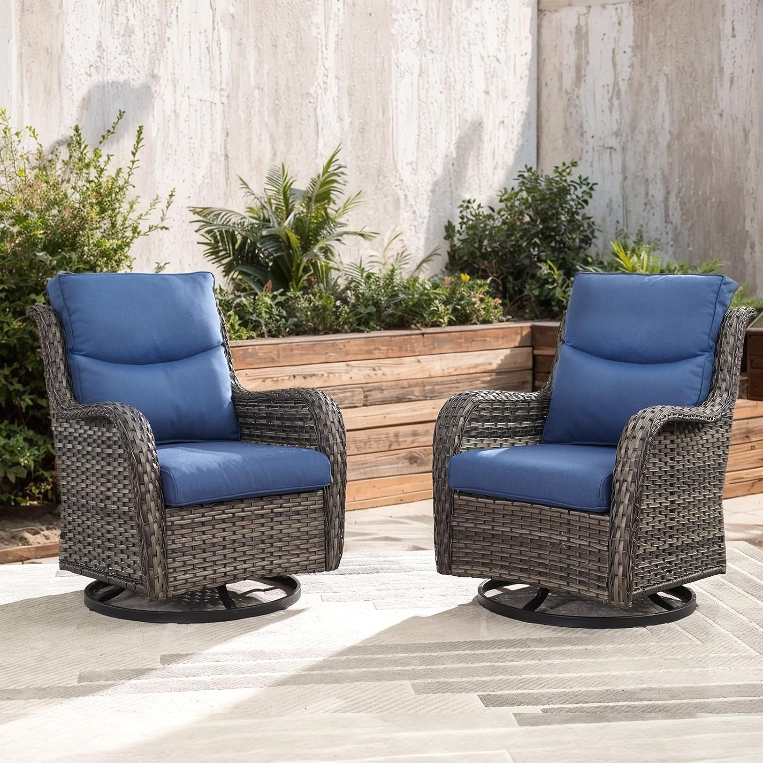 Patio Swivel Chair Set of 2, Resin Wicker Swivel Patio Glider Chairs with Smile-Shaped Cushions, High Back Luxury Swivel Patio Glider Chairs for Outdoor, Grey Wicker|Blue Cushions