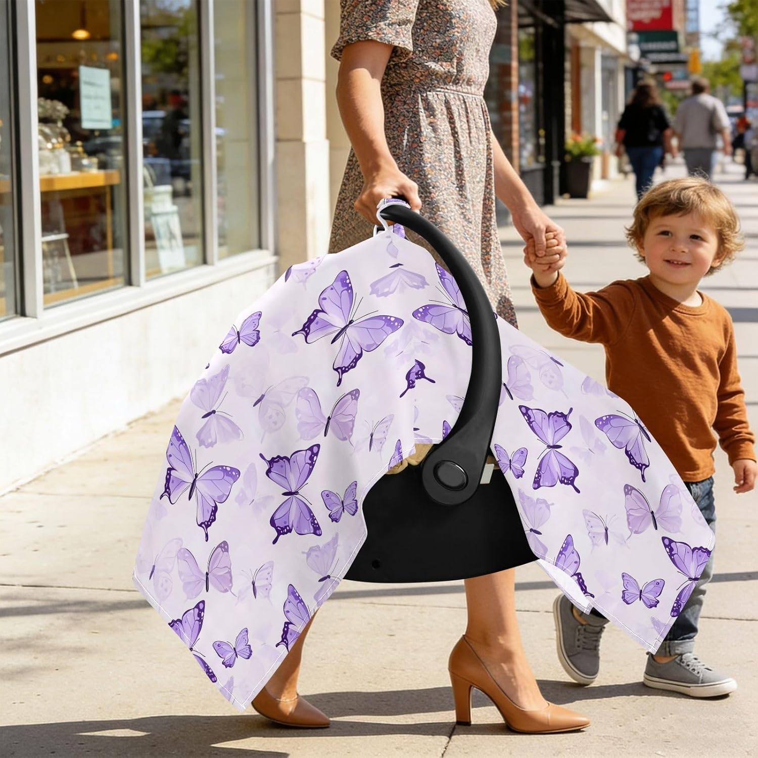 Purple Butterflies Infant Car Seat Cover Baby Stroller Carseat Covers Canopy Girls Boys Muslin Breathable Soft Lightweight Sun Shade Universal Fit