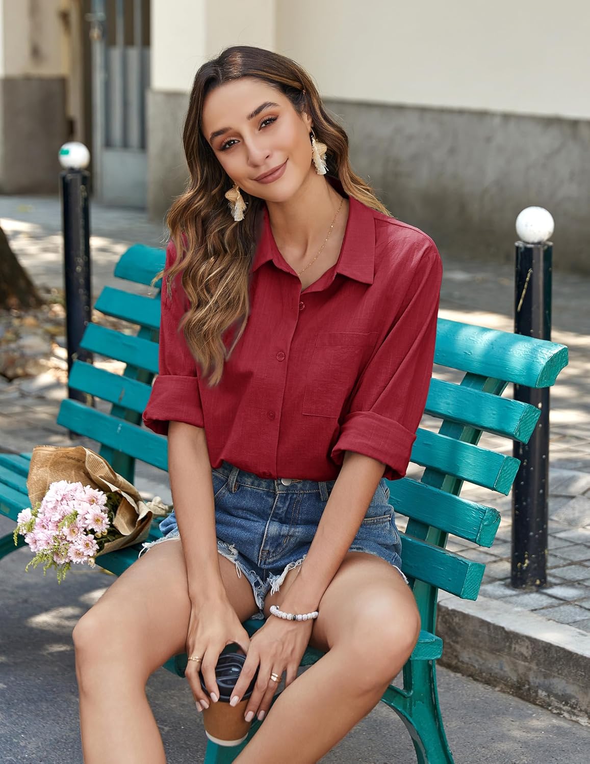 Zeagoo Womens Button Down Shirts Long Sleeve Cotton Gauze Tops Casual Collared Blouses Loose Fit - Image 7