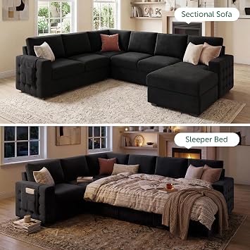 HONBAY Sectional Sleeper Sofa with Pull Out Bed U-Shape Sectional Couch with Storage Chaise 6 Seater Sleeper Sectional Sofa Bed, Velvet Black