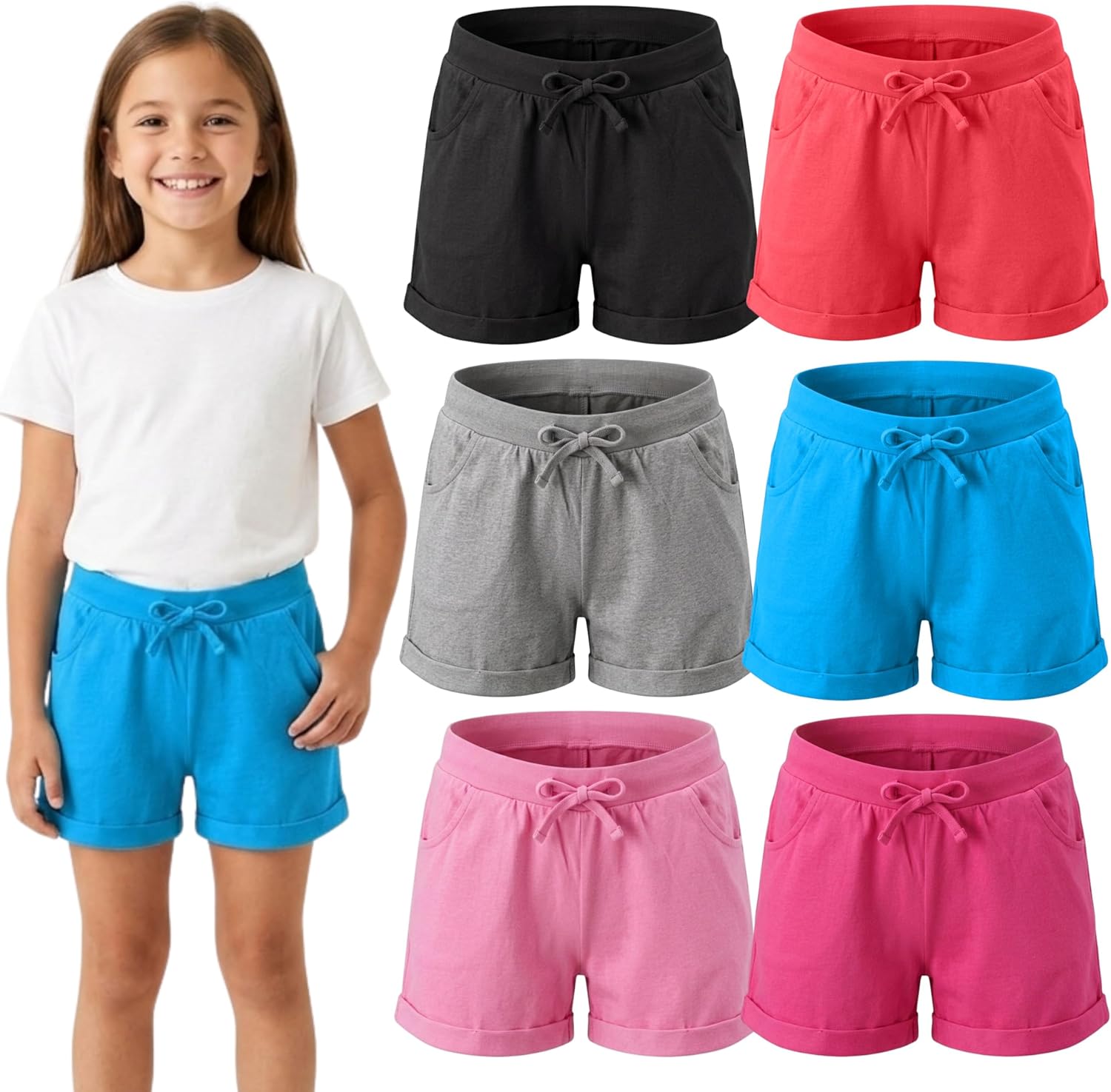 MISS POPULAR Girls 6-Pack Bermuda Short Sizes 4-16 Comfortable Cotton, Elastic Waistband, Bow-Tie, Pockets & Many Colors
