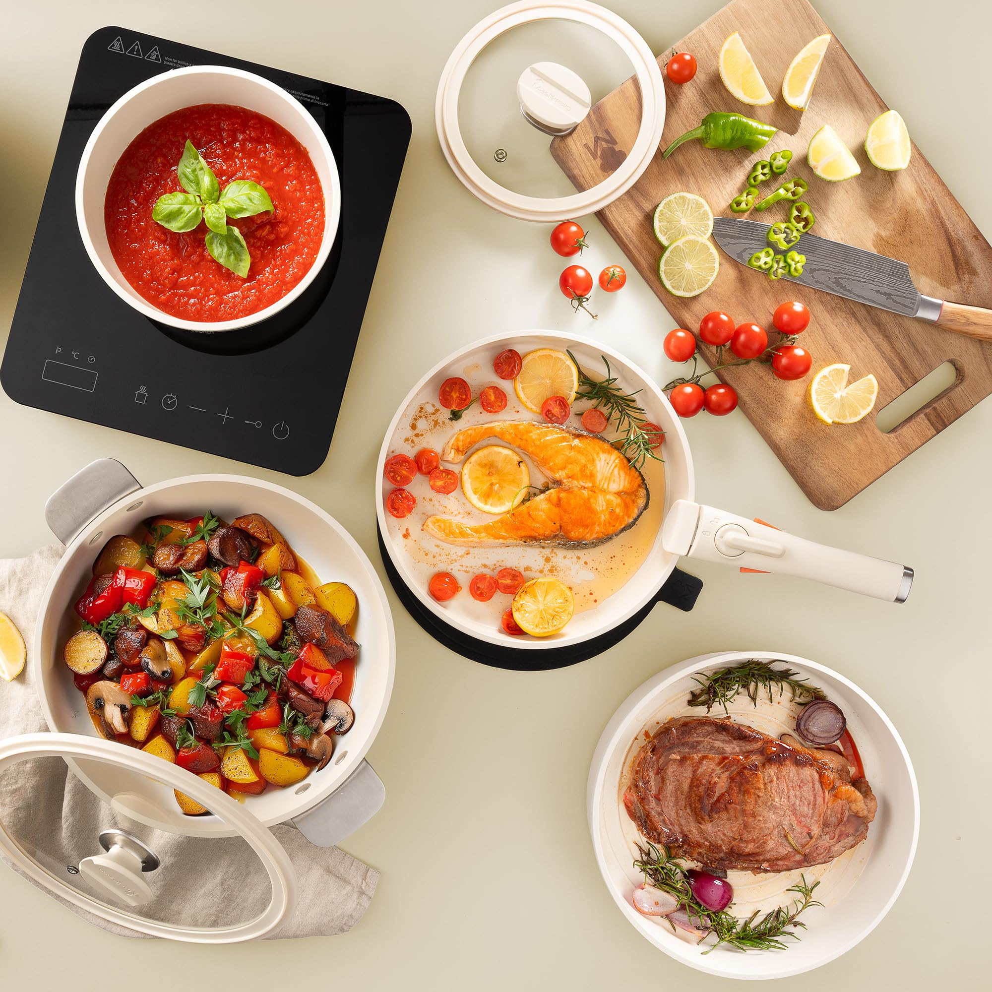 MasterPRO SHARE & PLAY Zestaw 10 przyborów kuchennych, można układać w stos, zdejmowany uchwyt, mały rozmiar, odlewane aluminium, powłoka nieprzywierająca CERATECH