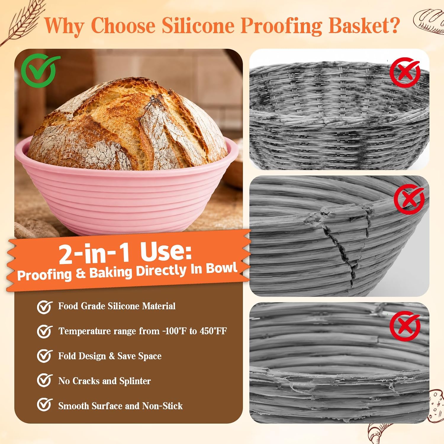 Complete Sourdough Starter Kit with Round & Oval Silicone Banneton Bread Proofing Basket, Starter Jar, Dough Whisk & Scoring Lame, Collapsible Sourdough Bread Baking Supplies-Pink image 2