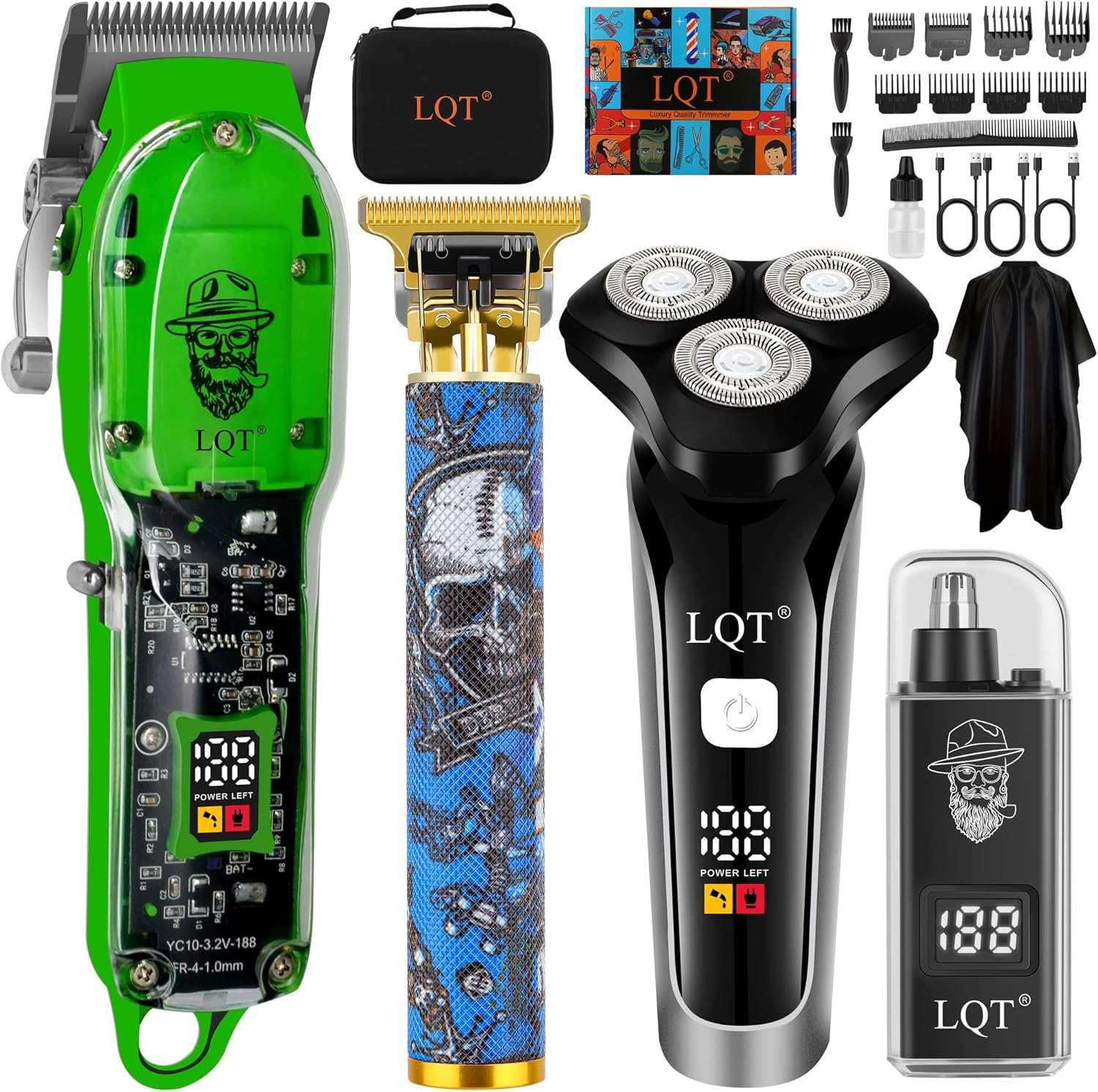 Hair Clippers for Men, 4 Pcs Professional Cordless Rechargeable Transparent Plastic Clipper Set Body Trimmer Electric Razor for Men Nose and Ear Hair Trimmer with Bag, to Son Husband Father Gift