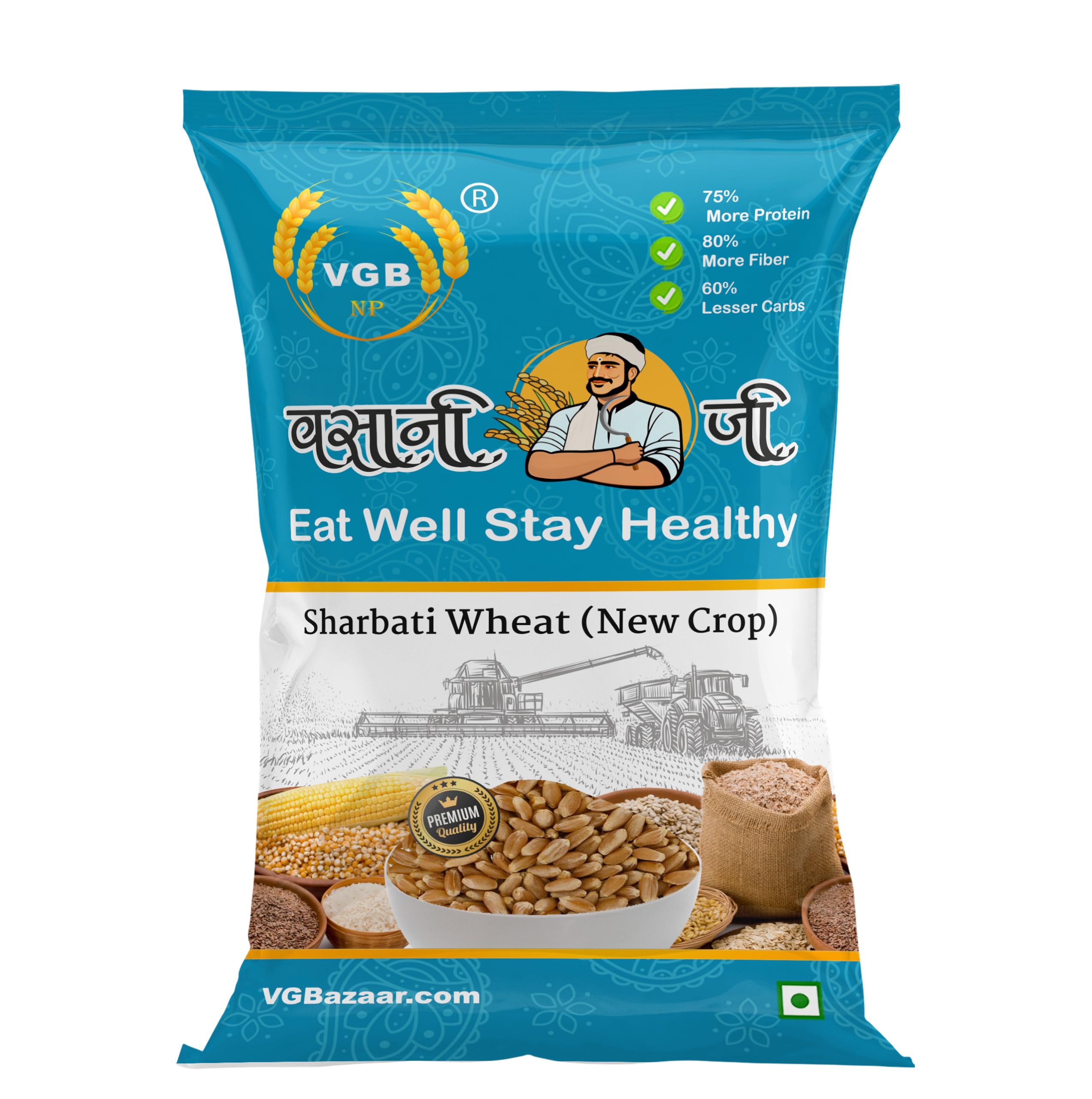 Vasani G Natural and original New Sharbati Wheat ( harvested from the New crop) healthy grain with a rich fiber content that boosts immunity, Sorted and cleaned to perfection, Sharbati Wheat, also known as Indian Fresh 306, New Sharbati Wheat- 10kg,