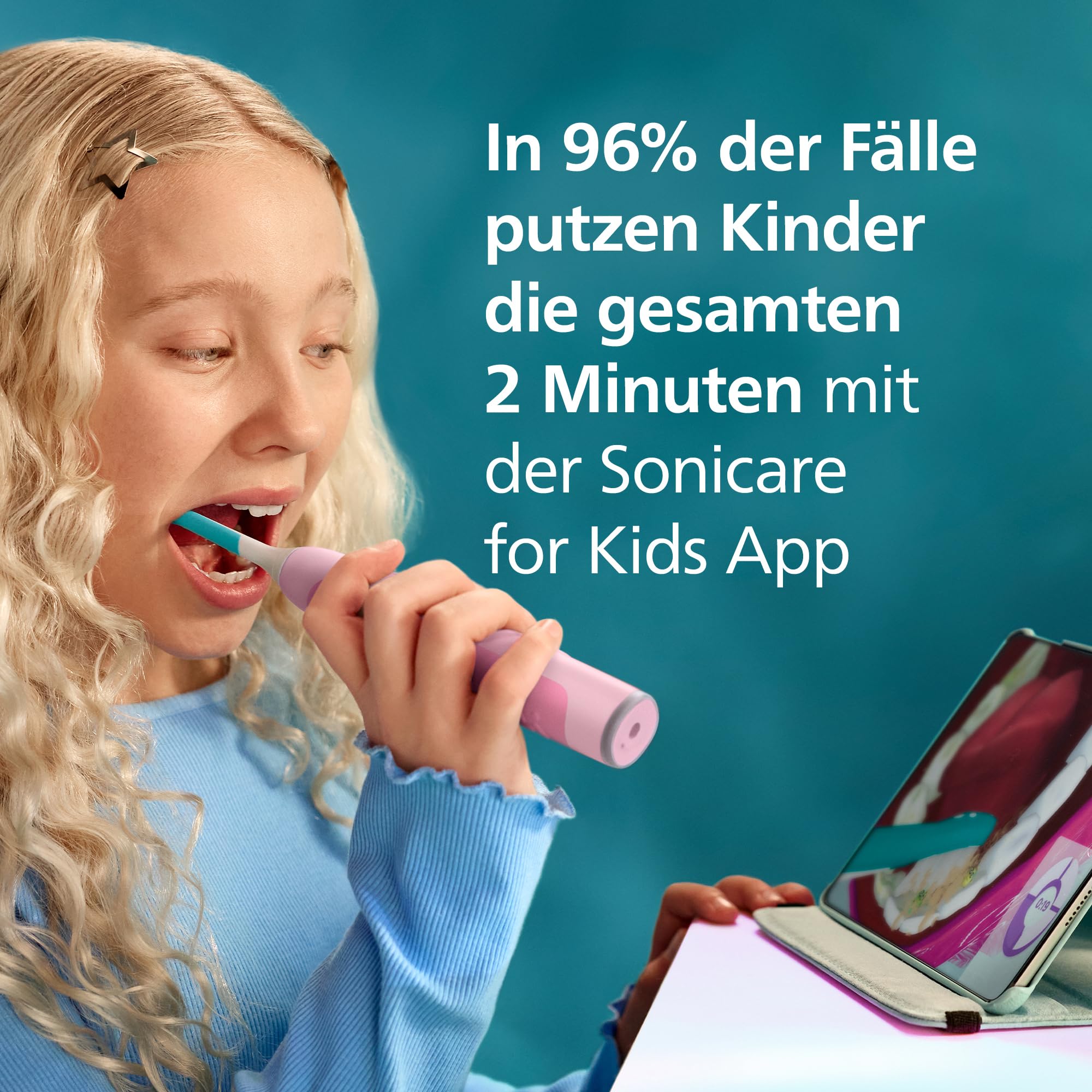 Philips Sonicare for Kids Smart elektrische Zahnbürste - Schallzahnbürste mit App, für Kinder 3+, 2 sanfte Putzprogramme, 2-Minuten-Timer, 2 Bürstenköpfe (Standard + Mini), Pink, Modell HX6600/11