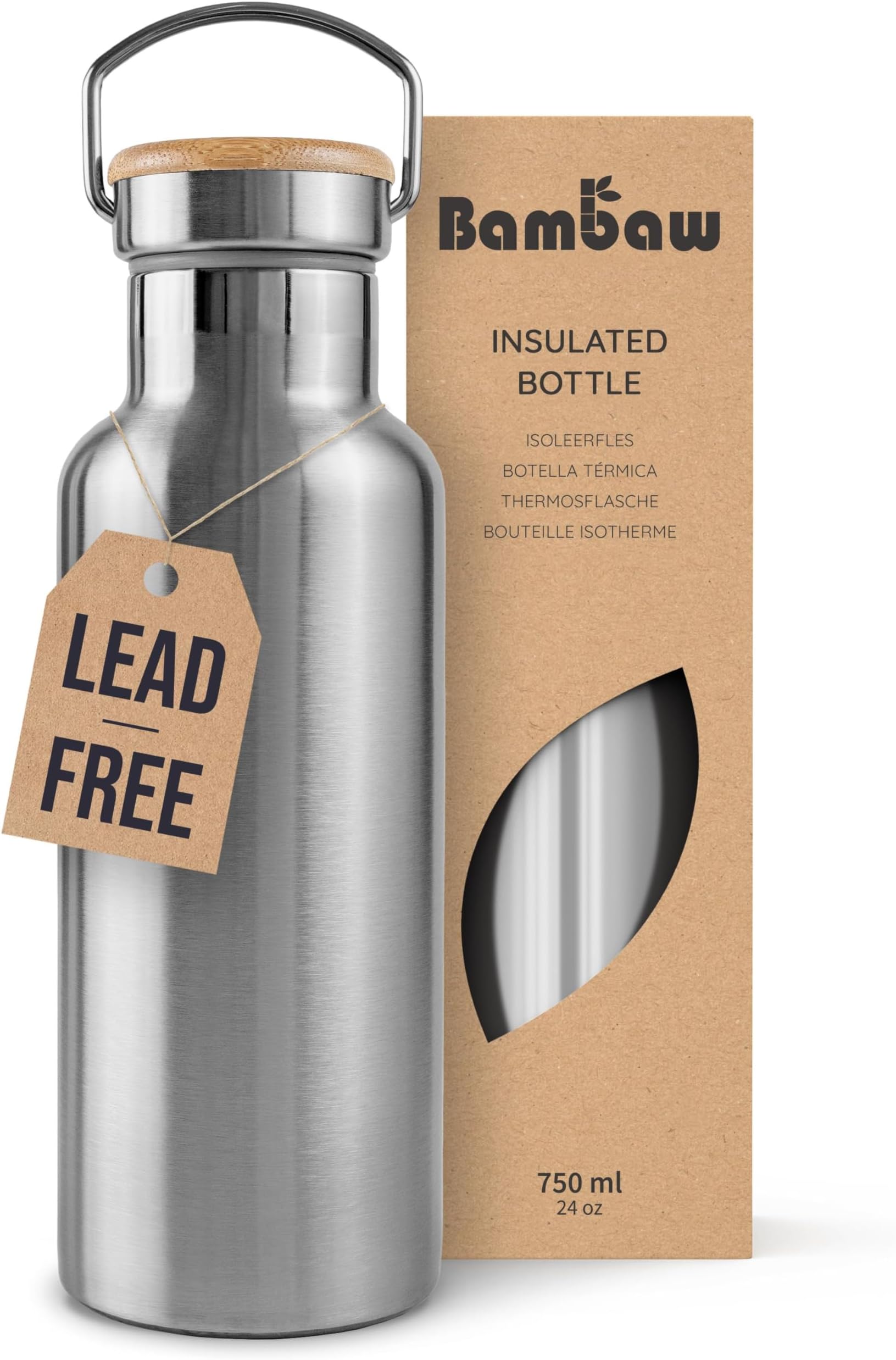 Bambaw Insulated Stainless Steel Water Bottle 750ml, Metal Water Bottles 750ml for Hot & Cold Drinks, Durable, Wide Mouth & Easy to Clean, Ideal for Daily Use (Natural Steel)